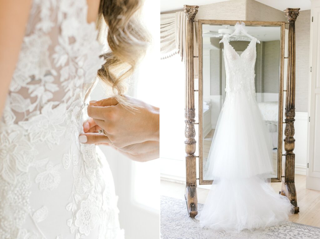 bride's wedding dress hangs on wooden mirror in bridal suite at Bonnet Island Estate