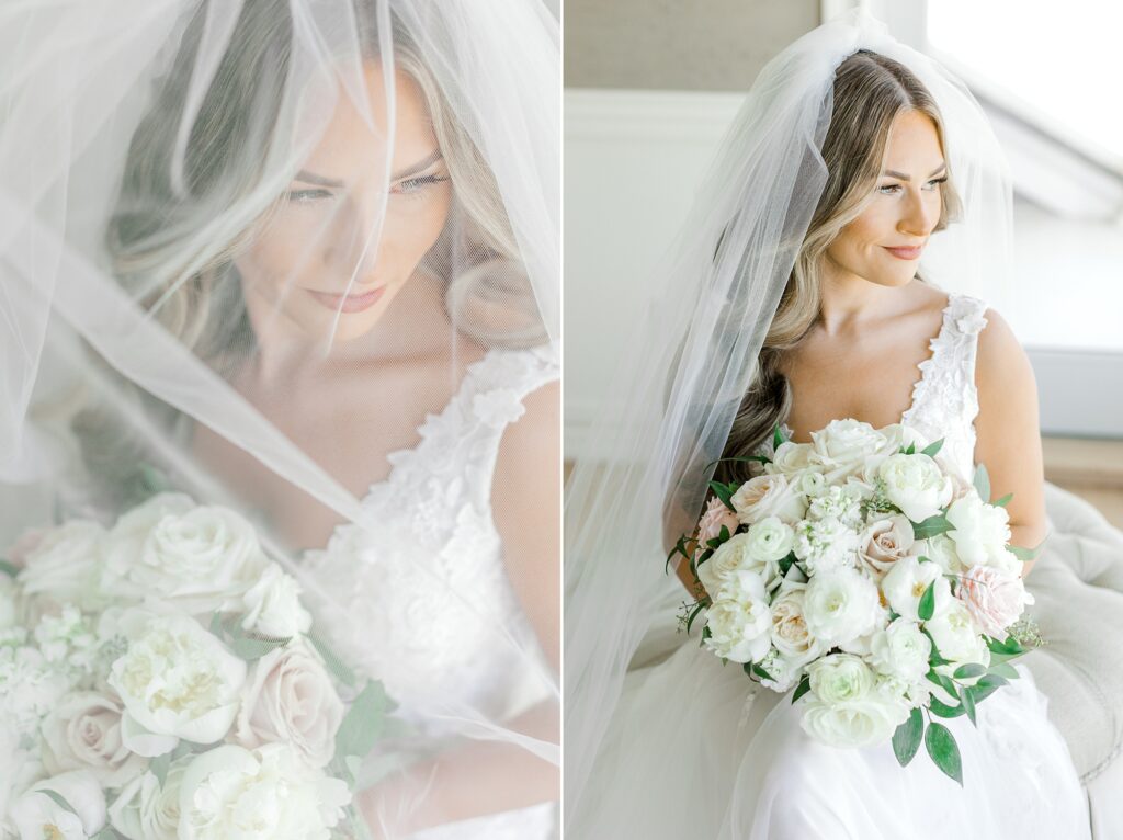 bride sits with veil around shoulders holding all-white floral bouquet from MDS Florals