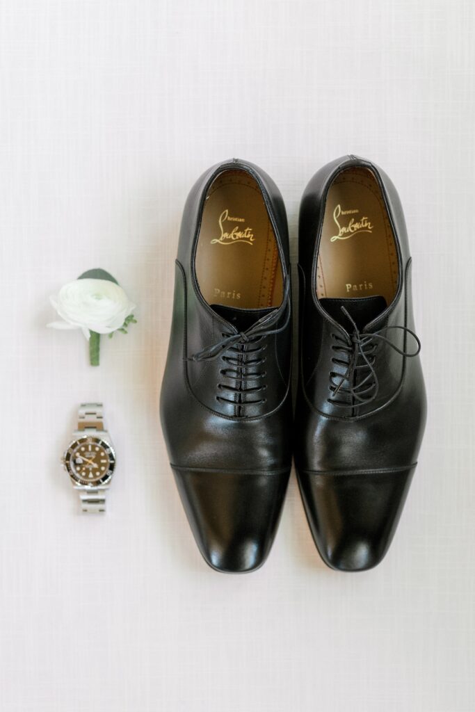 groom's black shoes for NJ wedding day at Bonnet Island Estate