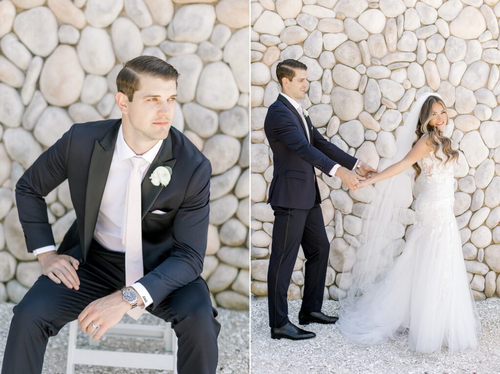 groom sits by stone wall with arm on leg at Bonnet Island Estate