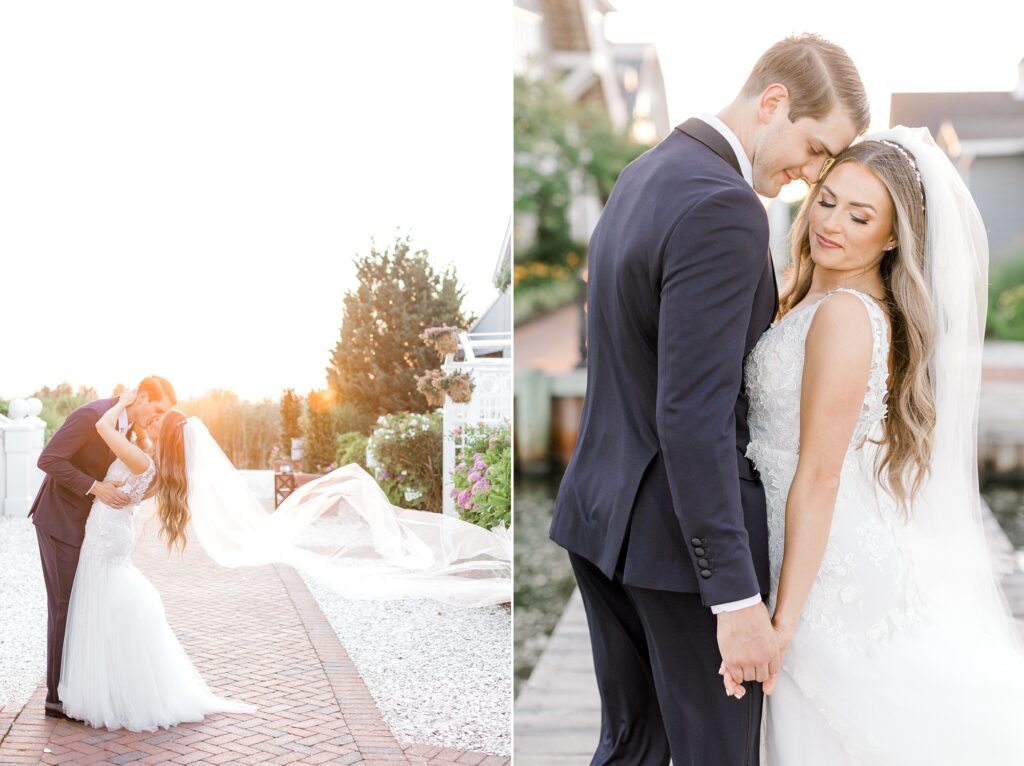 man in navy suit leans down to nuzzle bride with veil floating behind her at sunset
