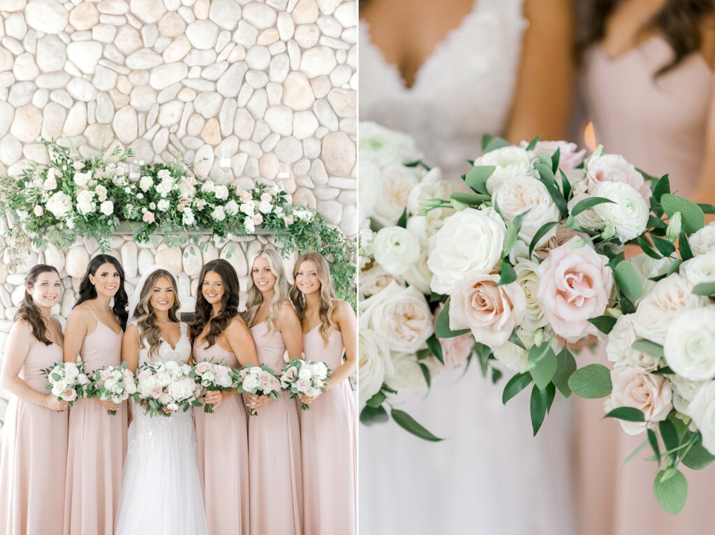 bridesmaids hold pink and white bouquets by stone wall at Bonnet Island Estate