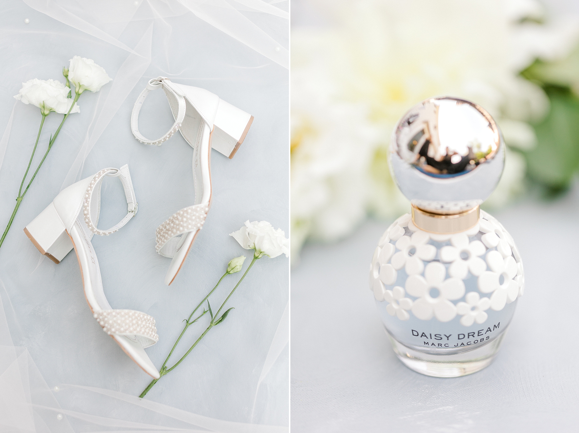 bride's shoes and perfume bottle for NJ wedding day