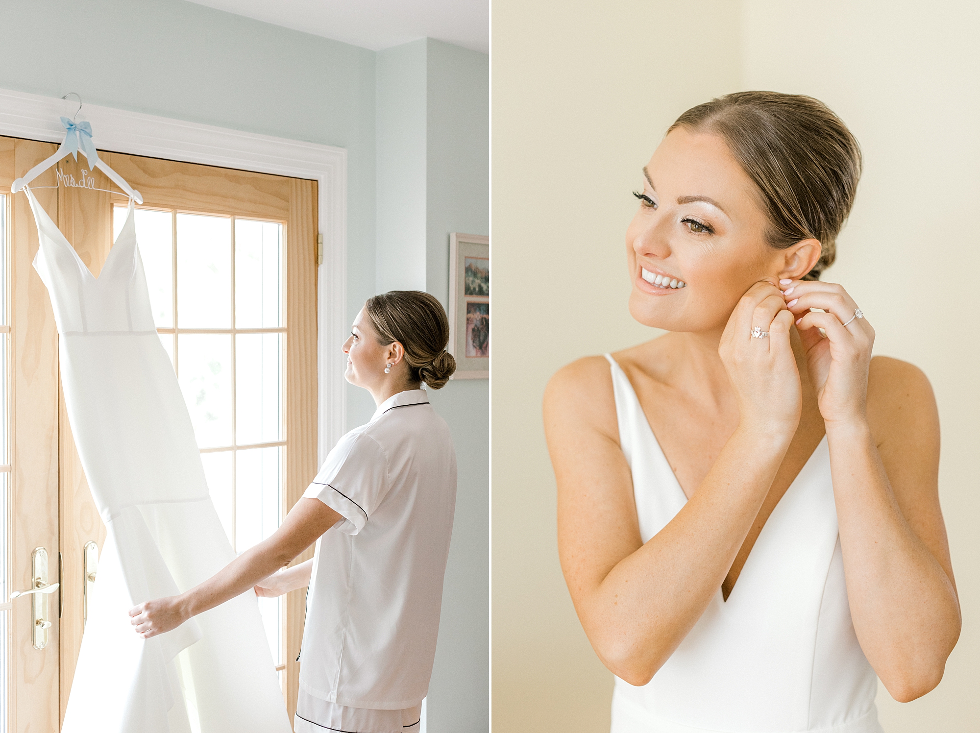 bride looks at wedding gown hanging in window of home
