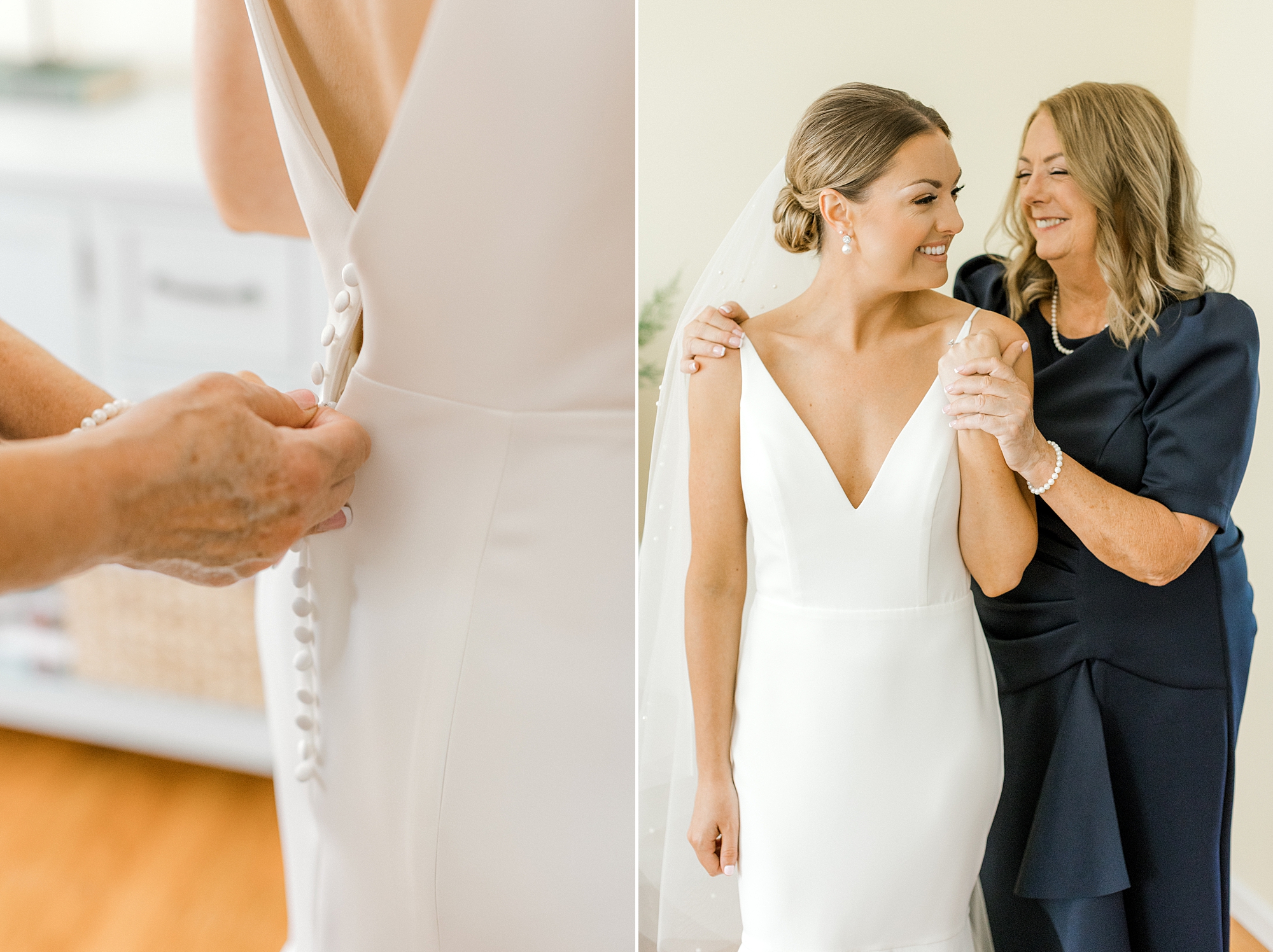 mother hugs bride after buttoning her gown