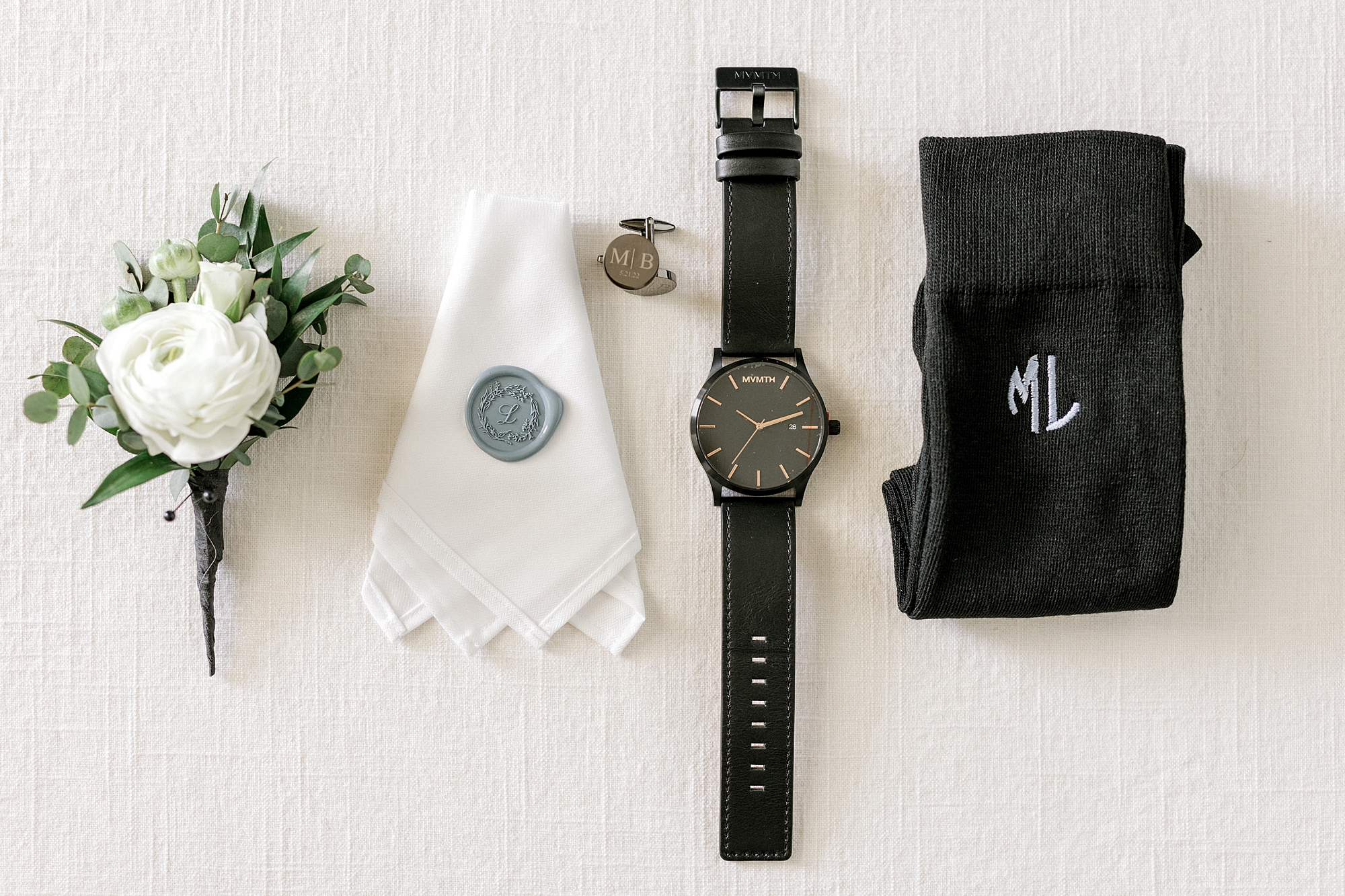 groom's black watch and handkerchief for wedding day in New Jersey