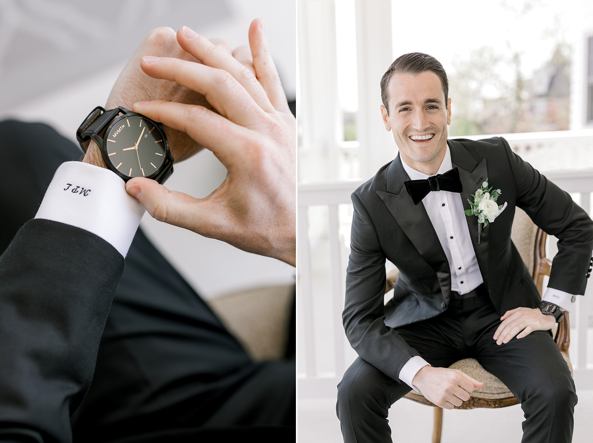 groom shows off new watch sitting on front porch