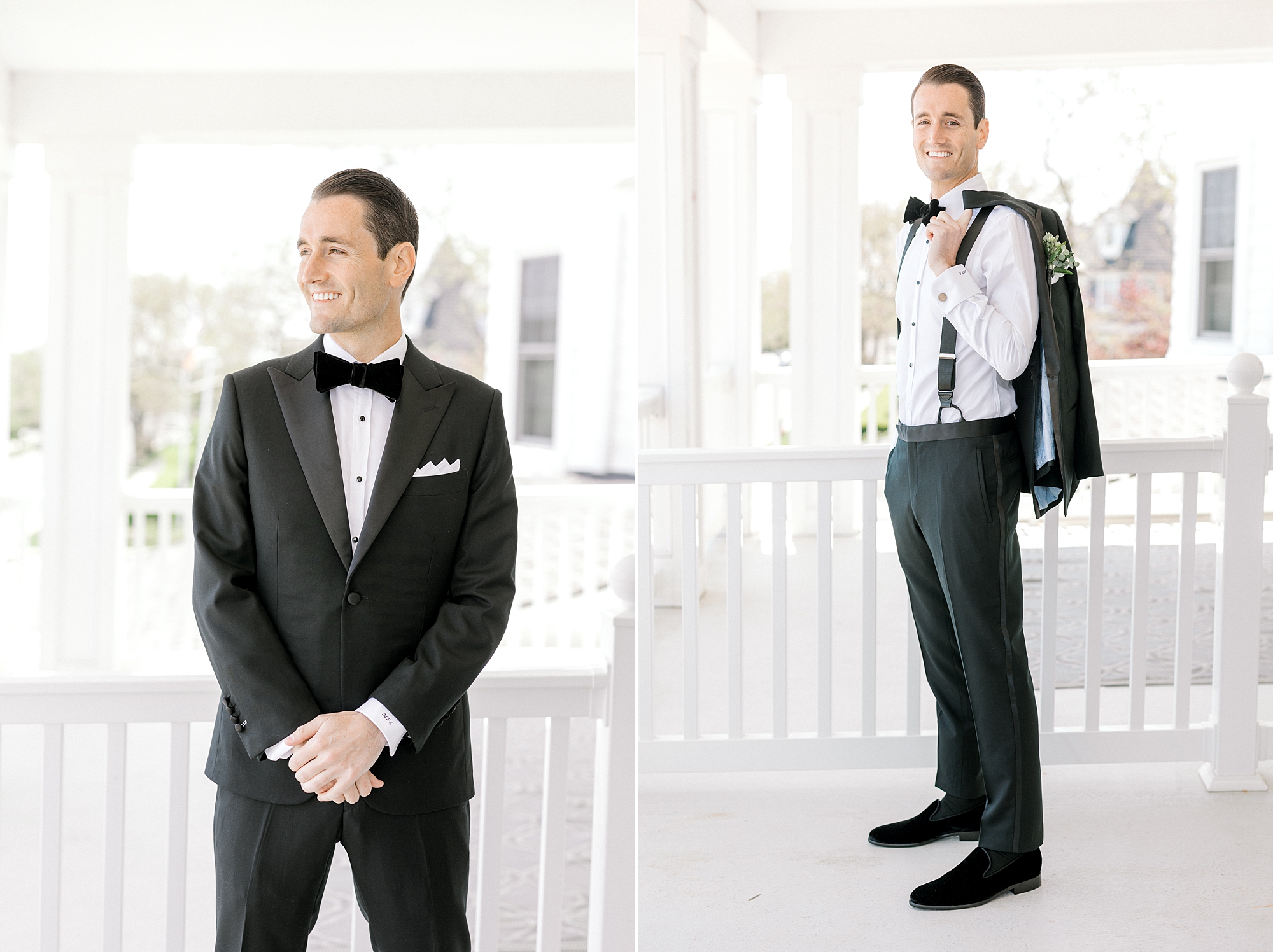 groom in black suit jacket poses on porch with jacket over shoulder