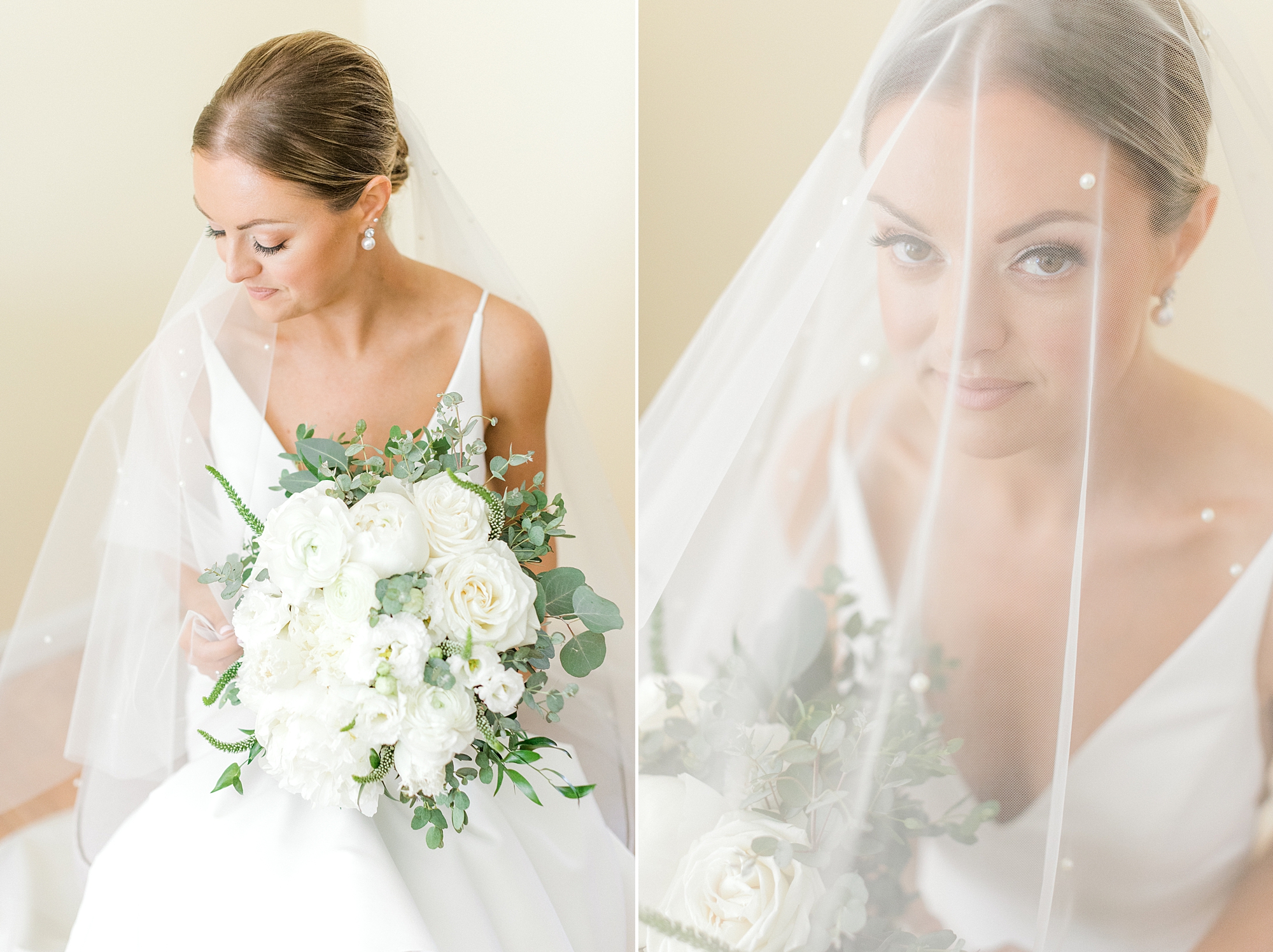 bride sits holding bouquet of white flowers under veil