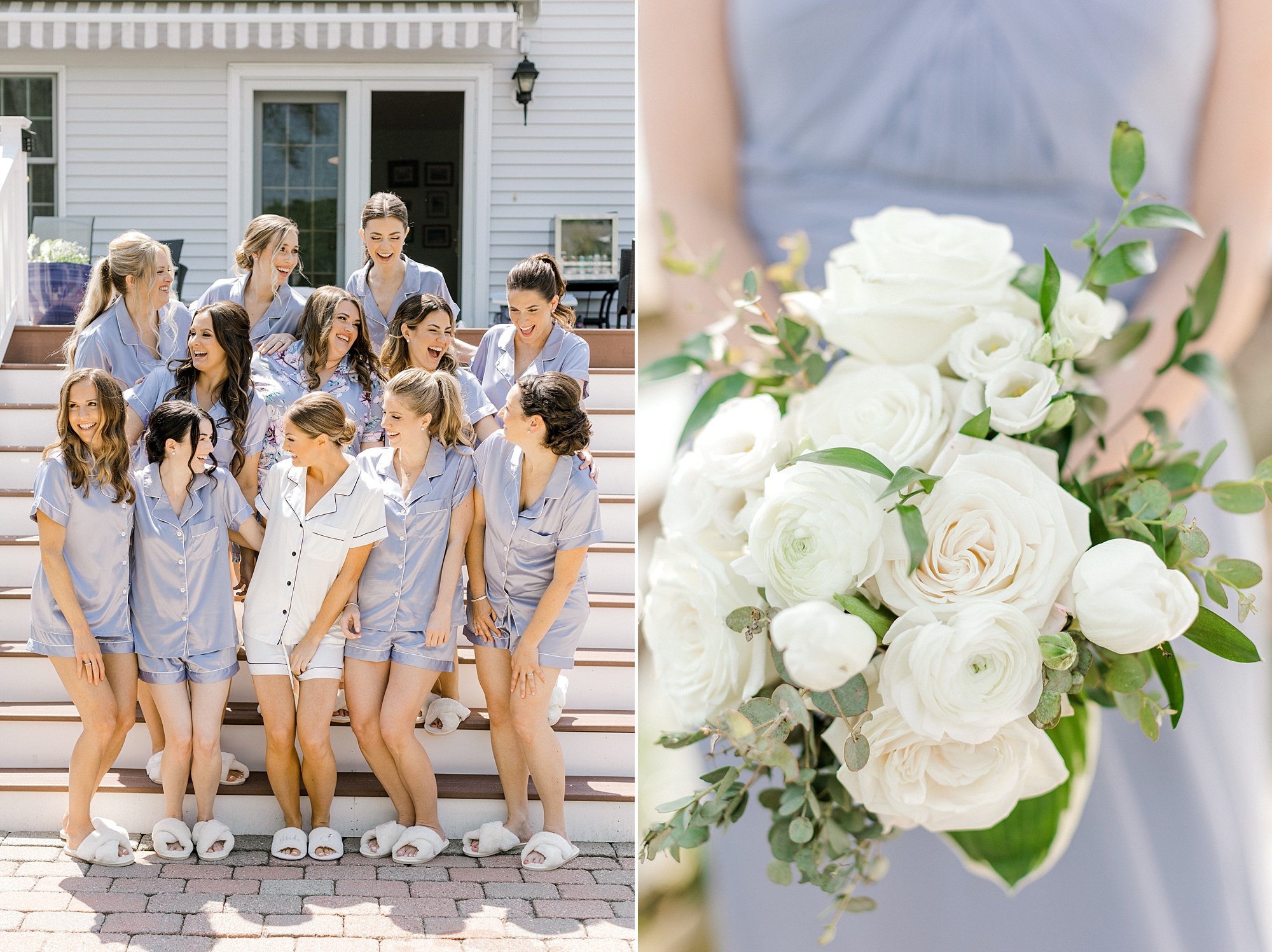 bridesmaids pose on front steps of home with bride