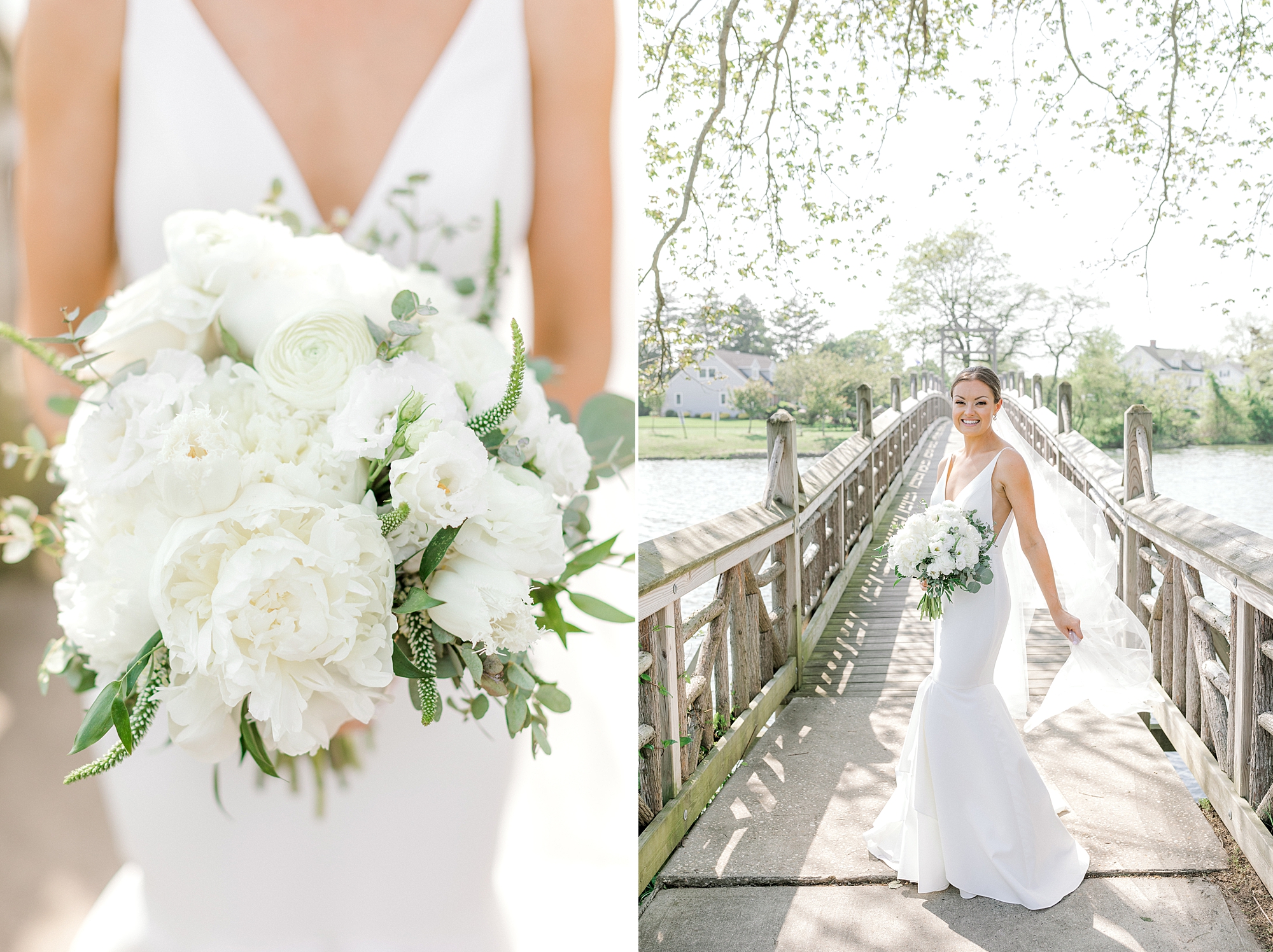 bride poses on wooden bridge with all-white bouquet in Spring Lake NJ