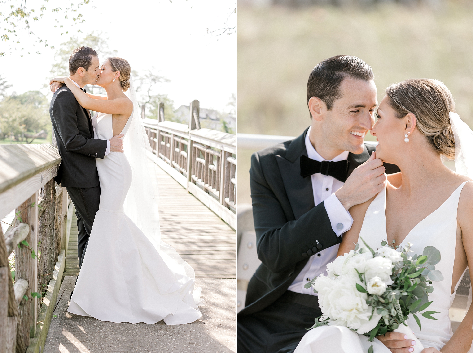 bride and groom lean against wooden railing on bridge kissing in Spring Lake Park
