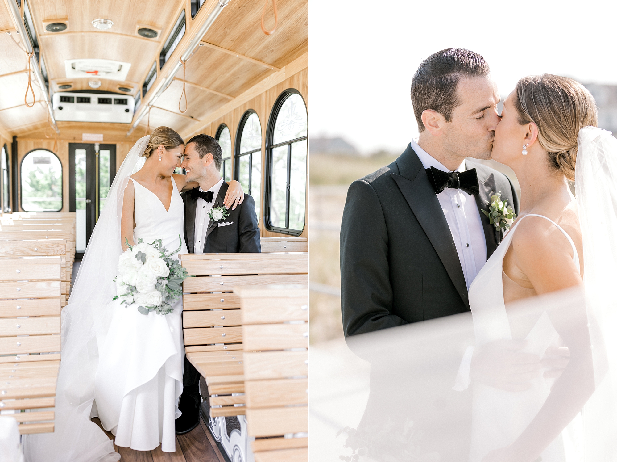 bride sits on groom's lap on wooden seats of trolley