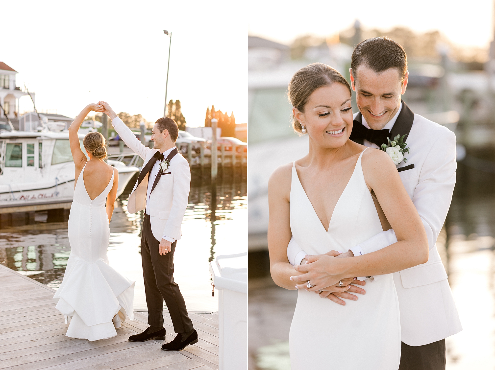 groom in white suit jacket twirls bride on wooden dock at Crystal Point Yacht Club