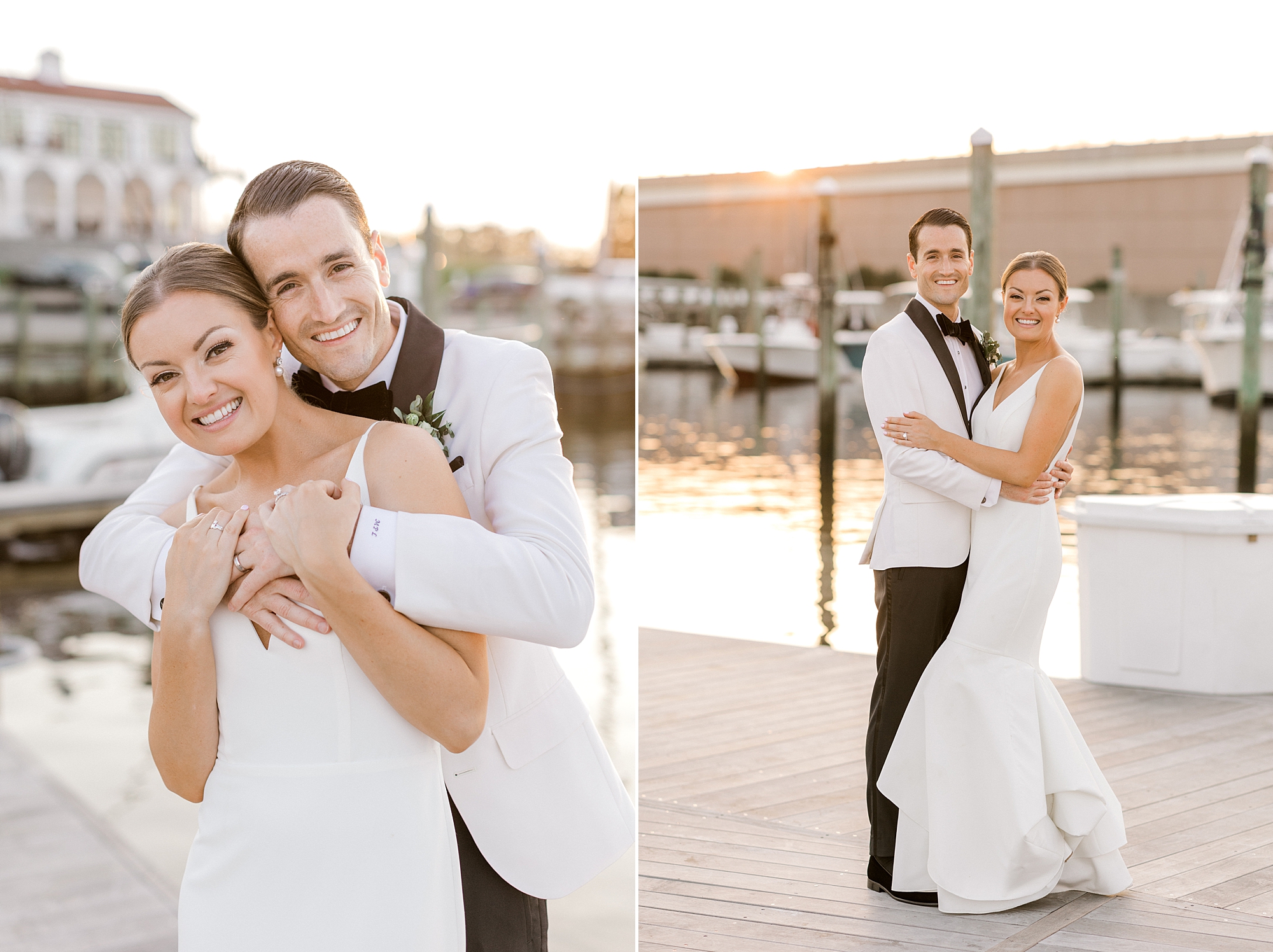 groom in white suit jacket hugs bride on dock at Crystal Point Yacht Club