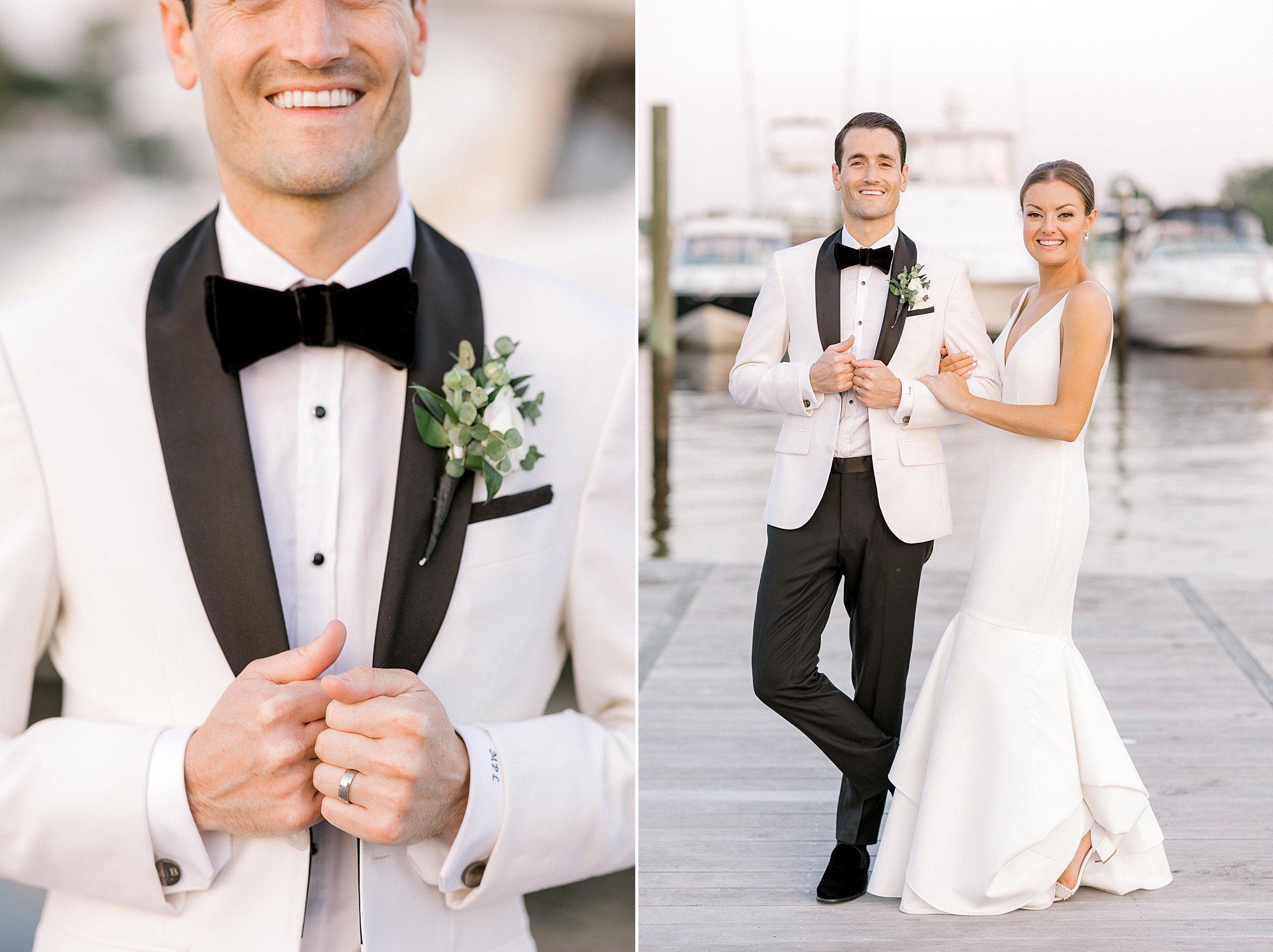 groom holds black lapels on white suit jacket
