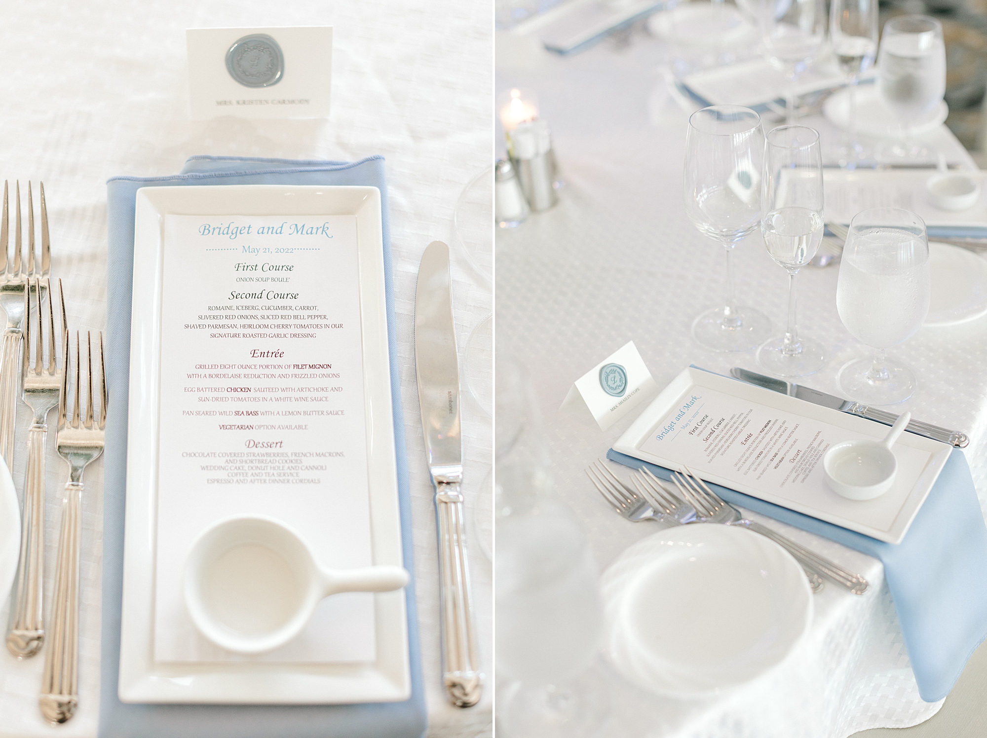 place setting with white and dusty blue napkins