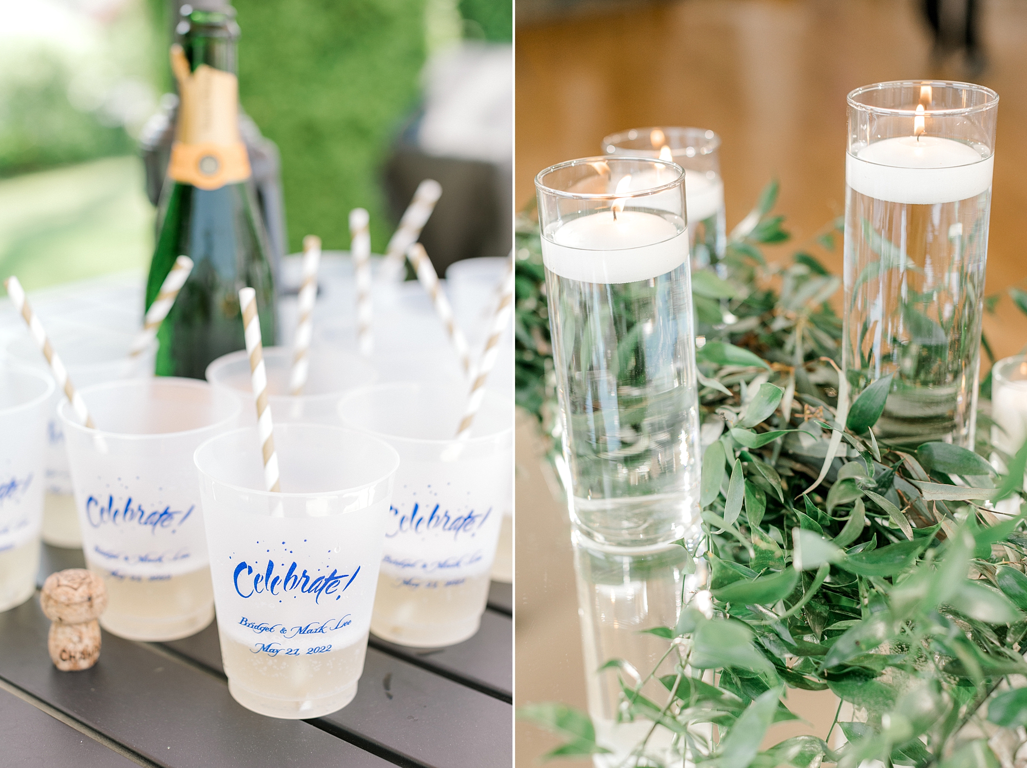 signature drinks and candles floating in water at Crystal Point Yacht Club