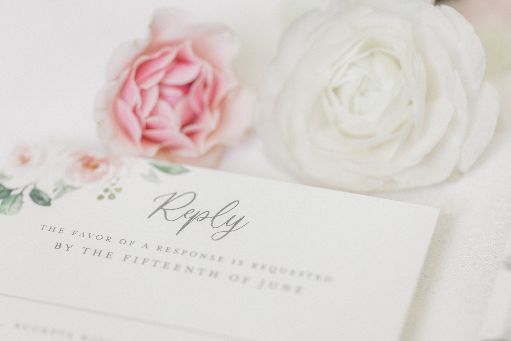 RSVP card for wedding invitation with pink and white roses