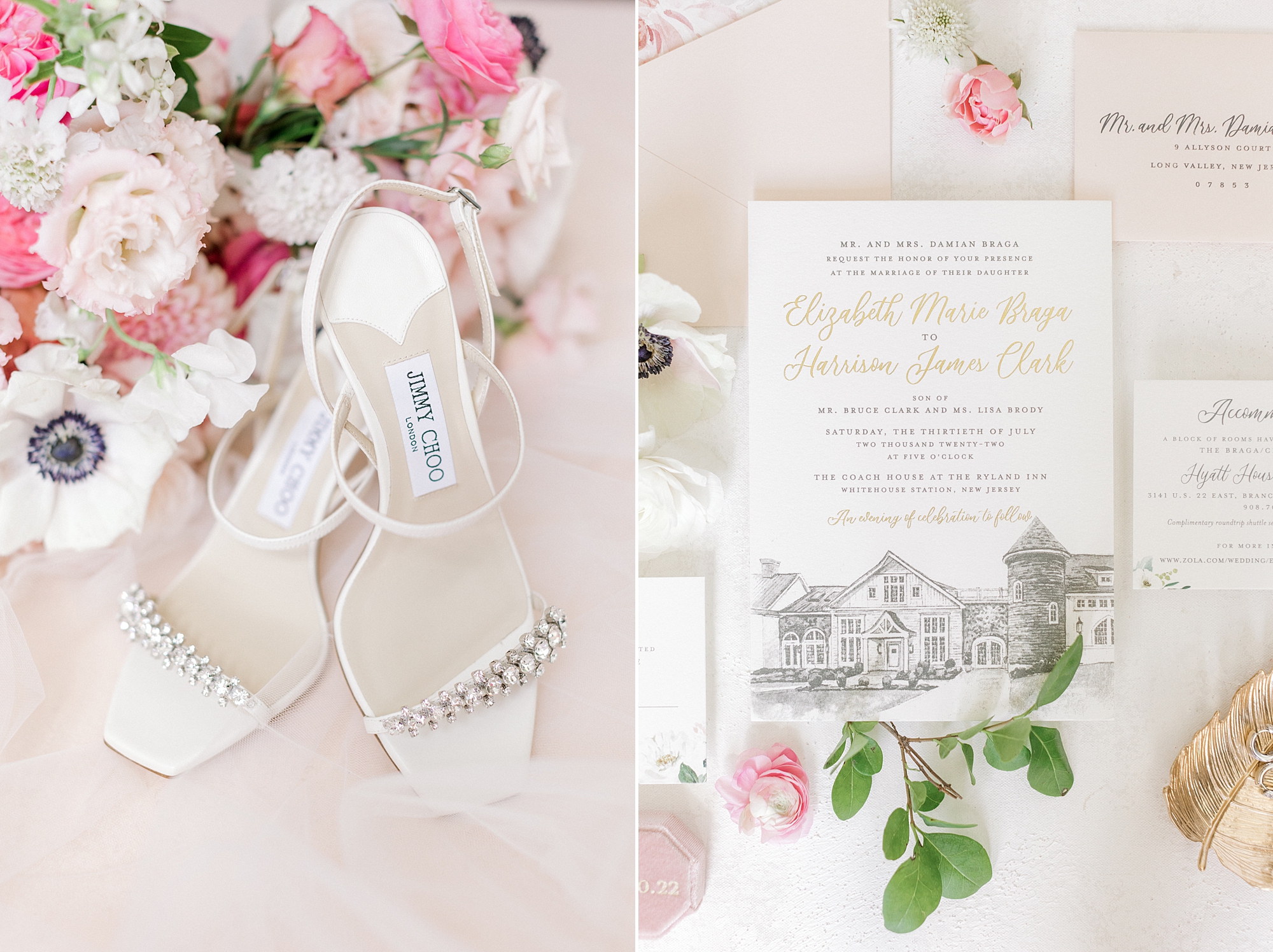 bride's shoes and custom invitation suite for Ryland Inn wedding day