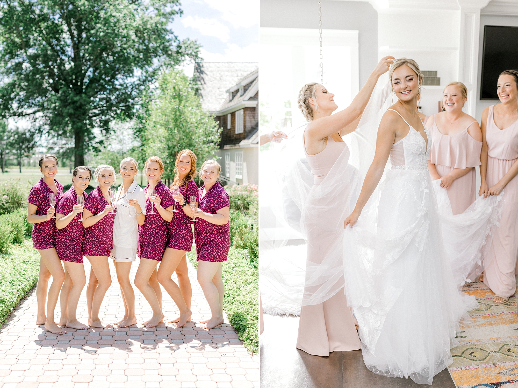 bridesmaids pose in matching pink robes and help bride with veil