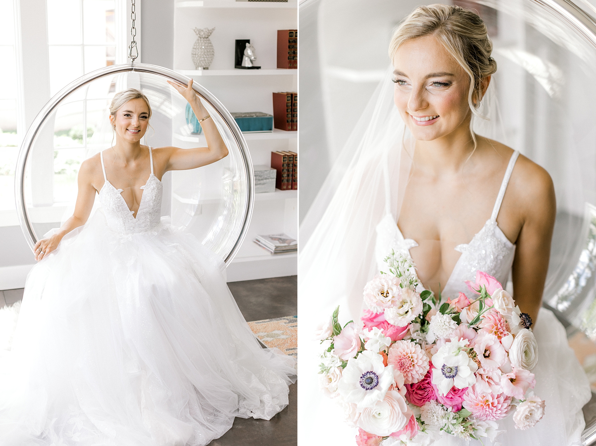 bride sits in globe chair holding pink and white bouquet