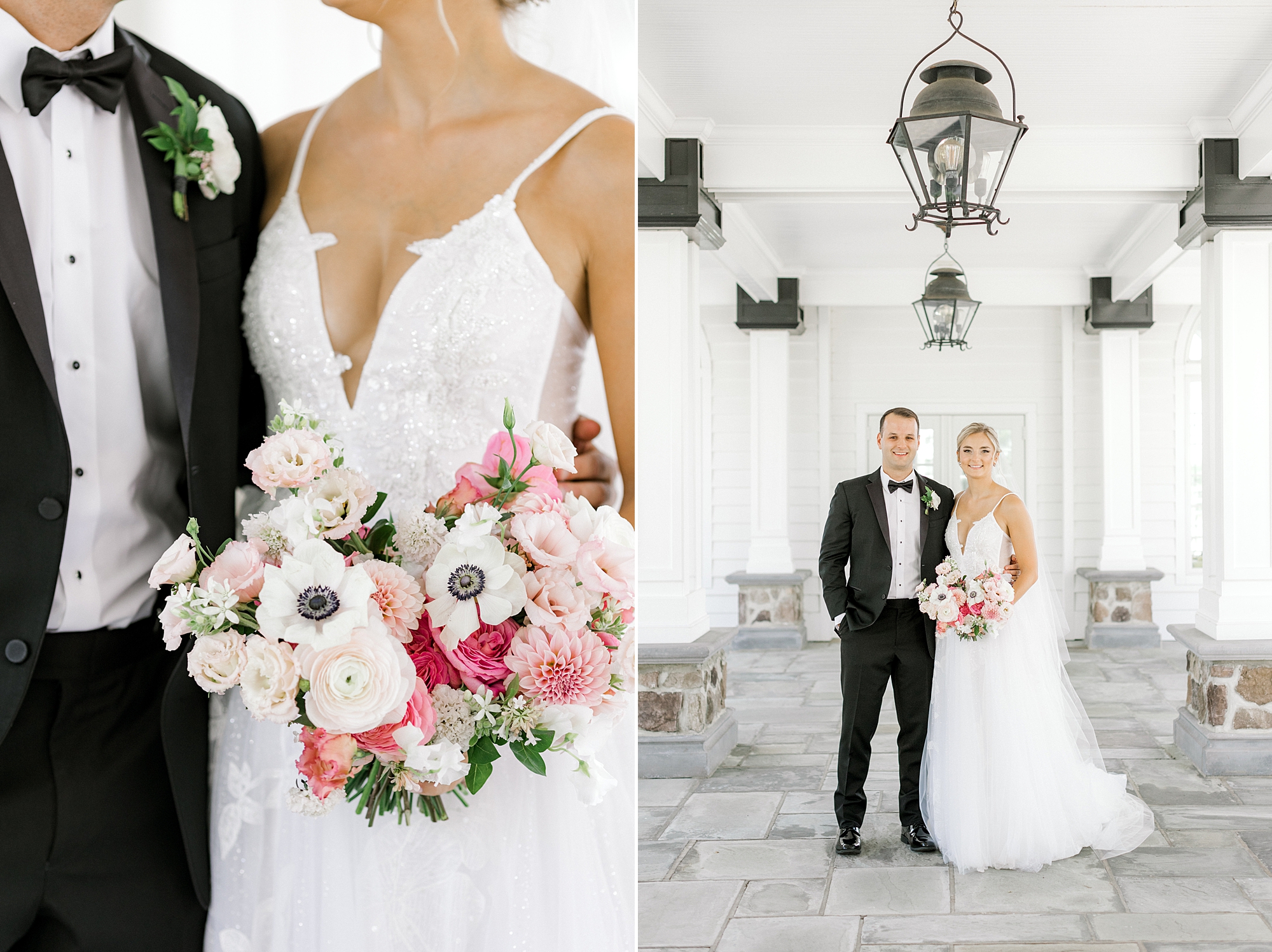 groom hugs bride to him while she holds bouquet of pink flowers and white anemones