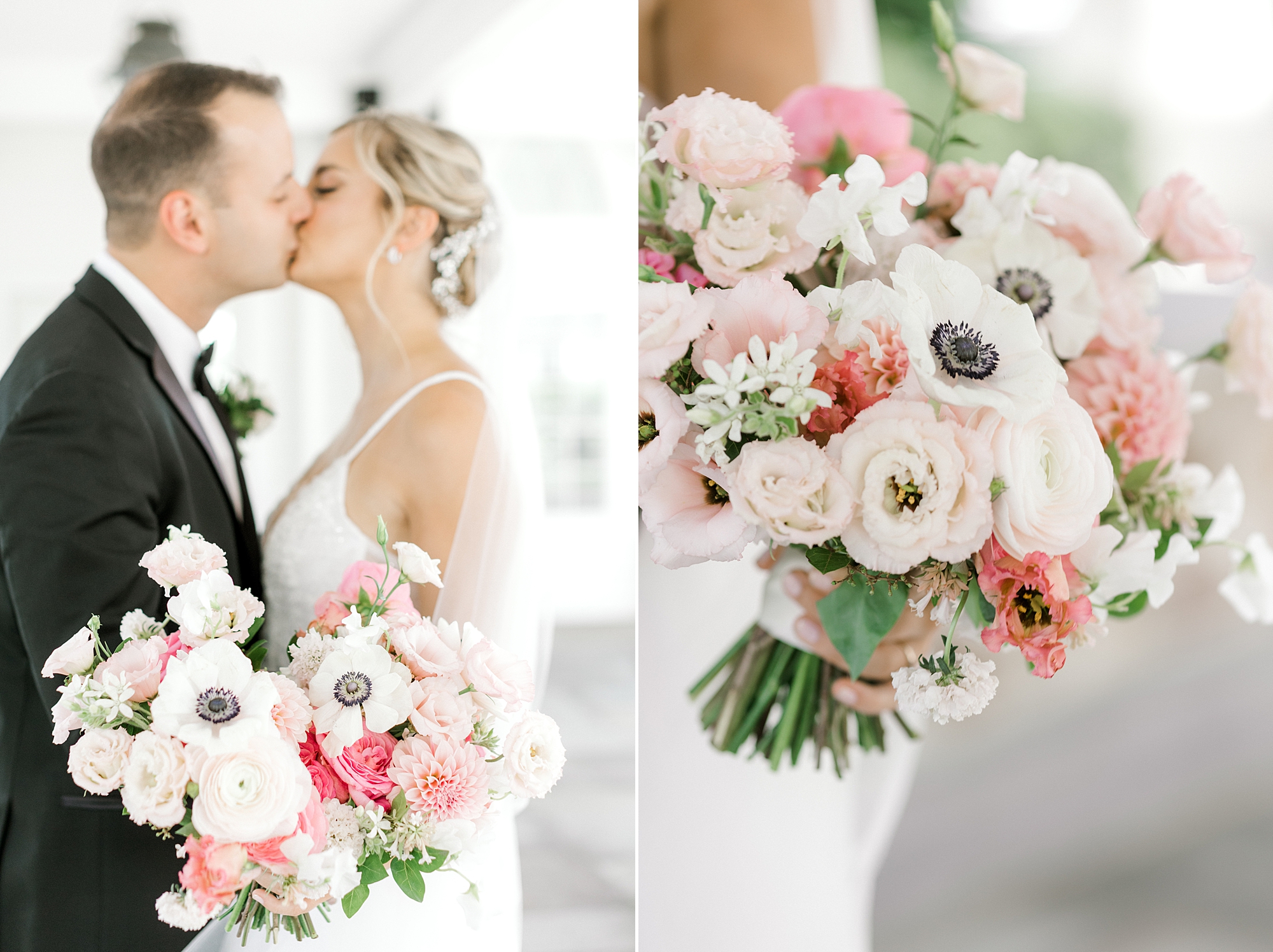 bride and groom kiss while bride holds bouquet of pink and white flowers