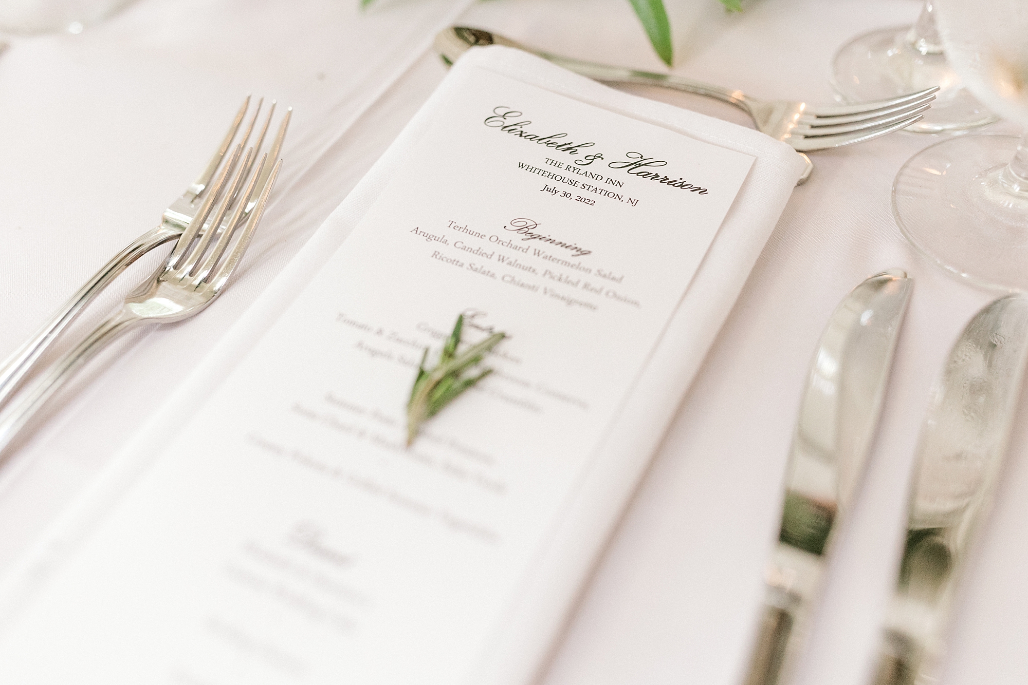 menu card for wedding reception with green sprig