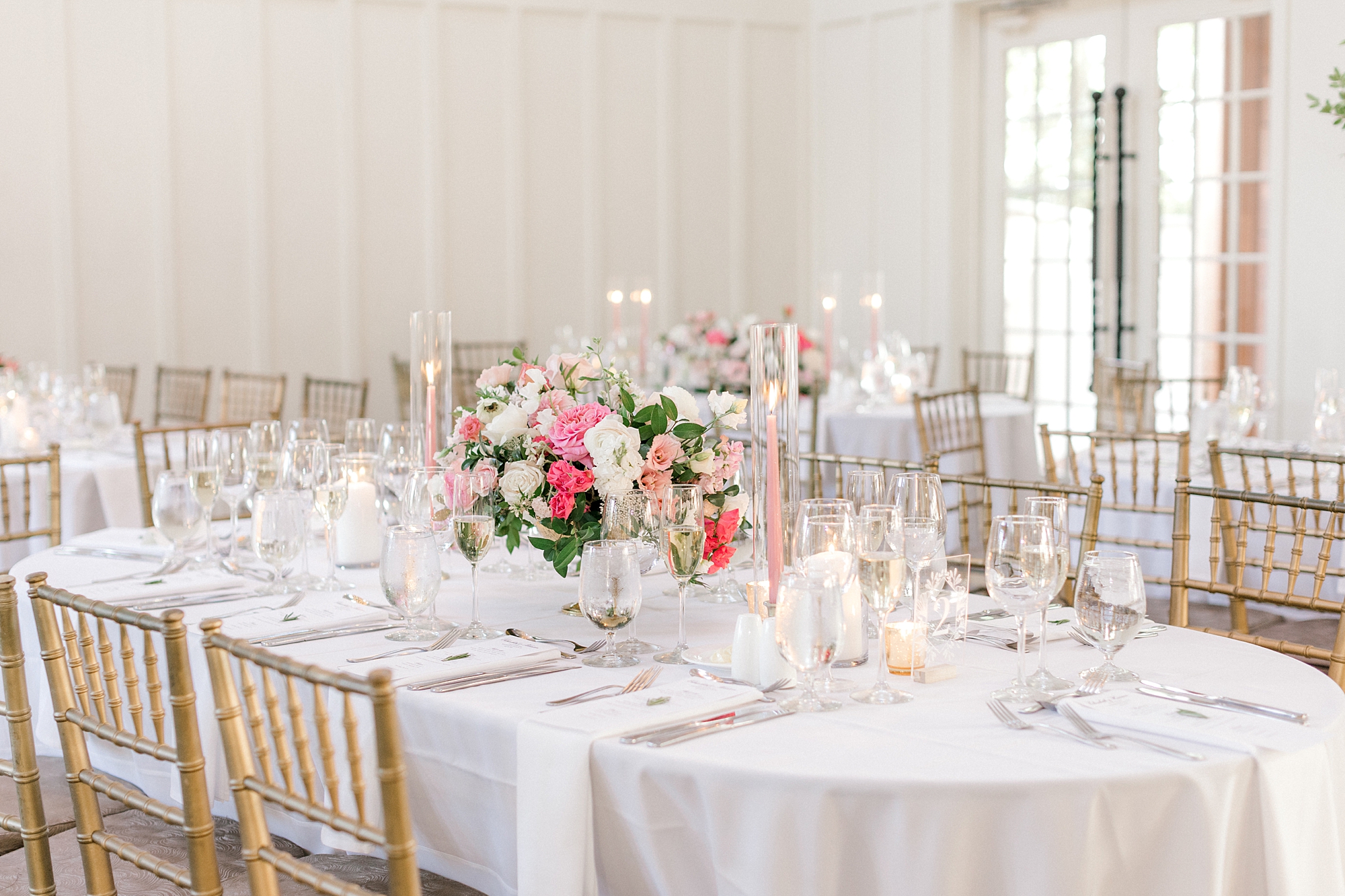 wedding reception with pink and gold details at Ryland Inn