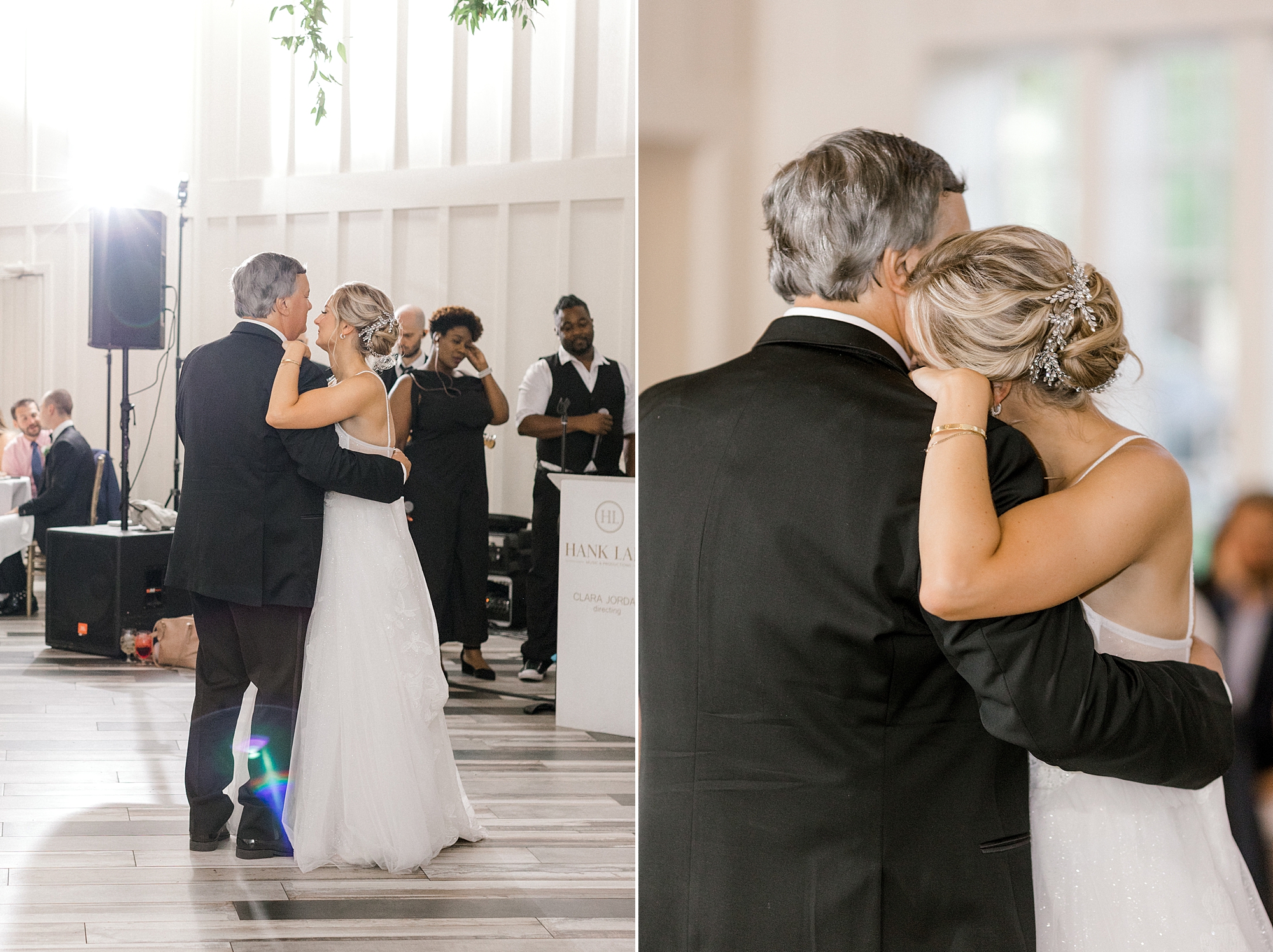 bride leans on dad's shoulder during dance at Whitehouse Station NJ wedding reception