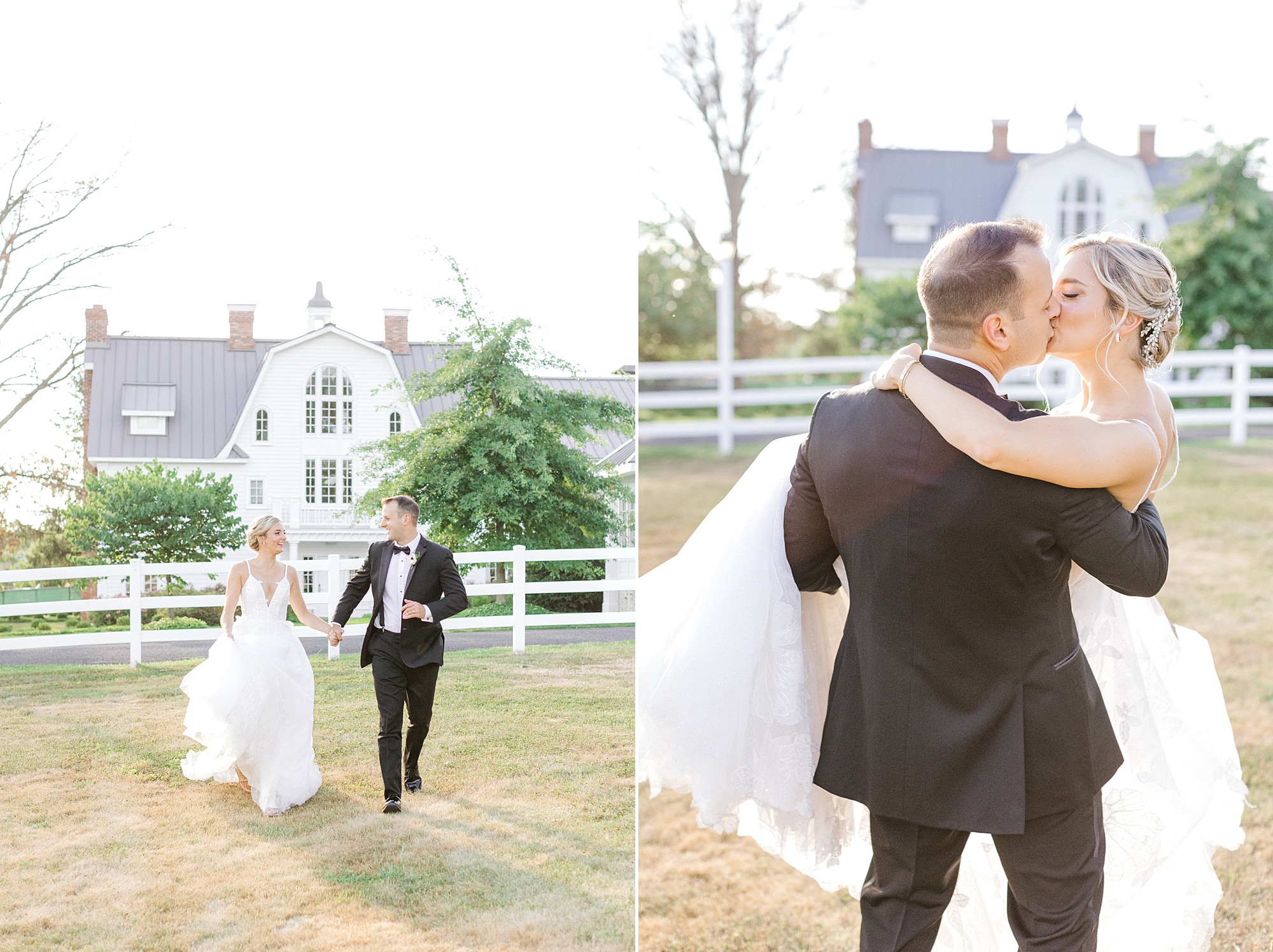 groom lifts bride walking through pasture surrounded by white gate