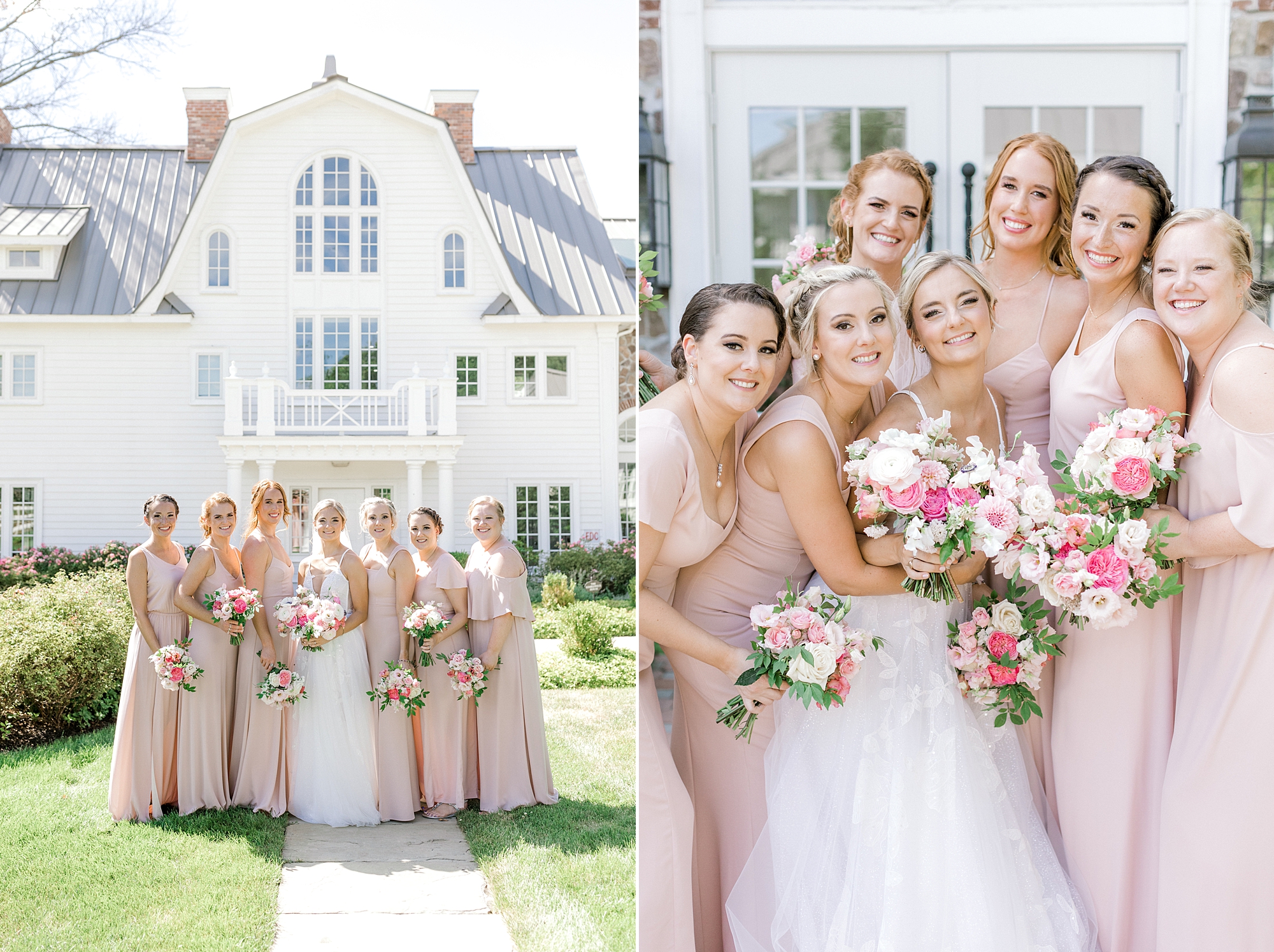 bride poses with bridesmaids in pink gowns with pink flowers
