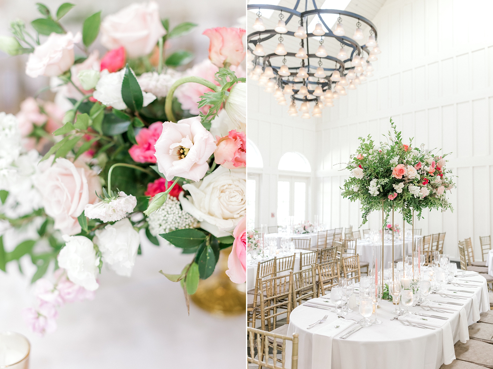 wedding reception with tall floral centerpieces on family style tables