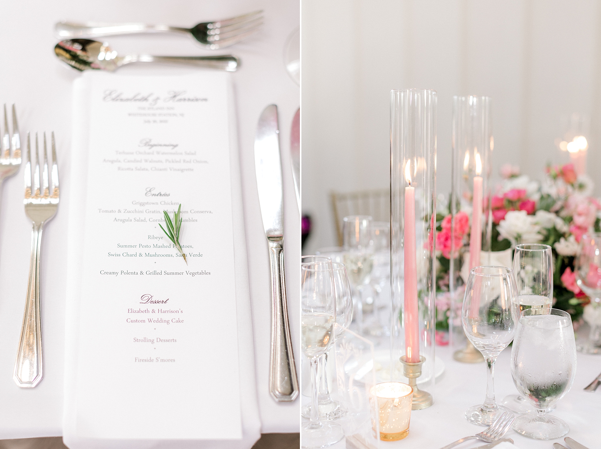 menu card with green sprig and tall pink taper candles
