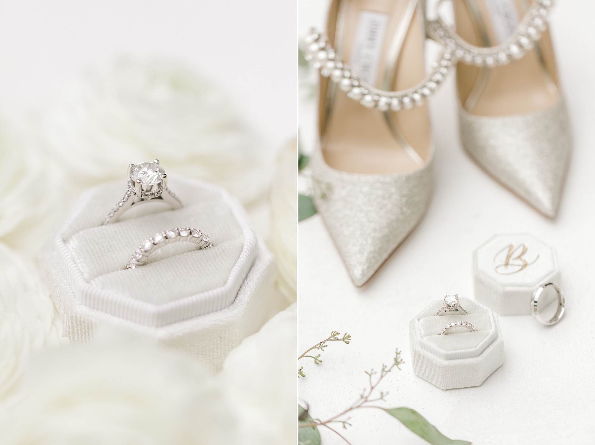 bride's diamond ring in ivory box with shoes for NJ wedding