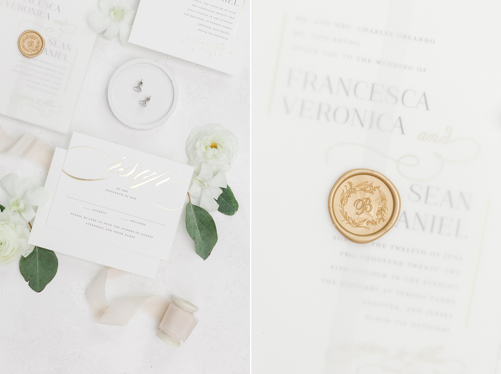 gold wax seal on invitation for NJ wedding