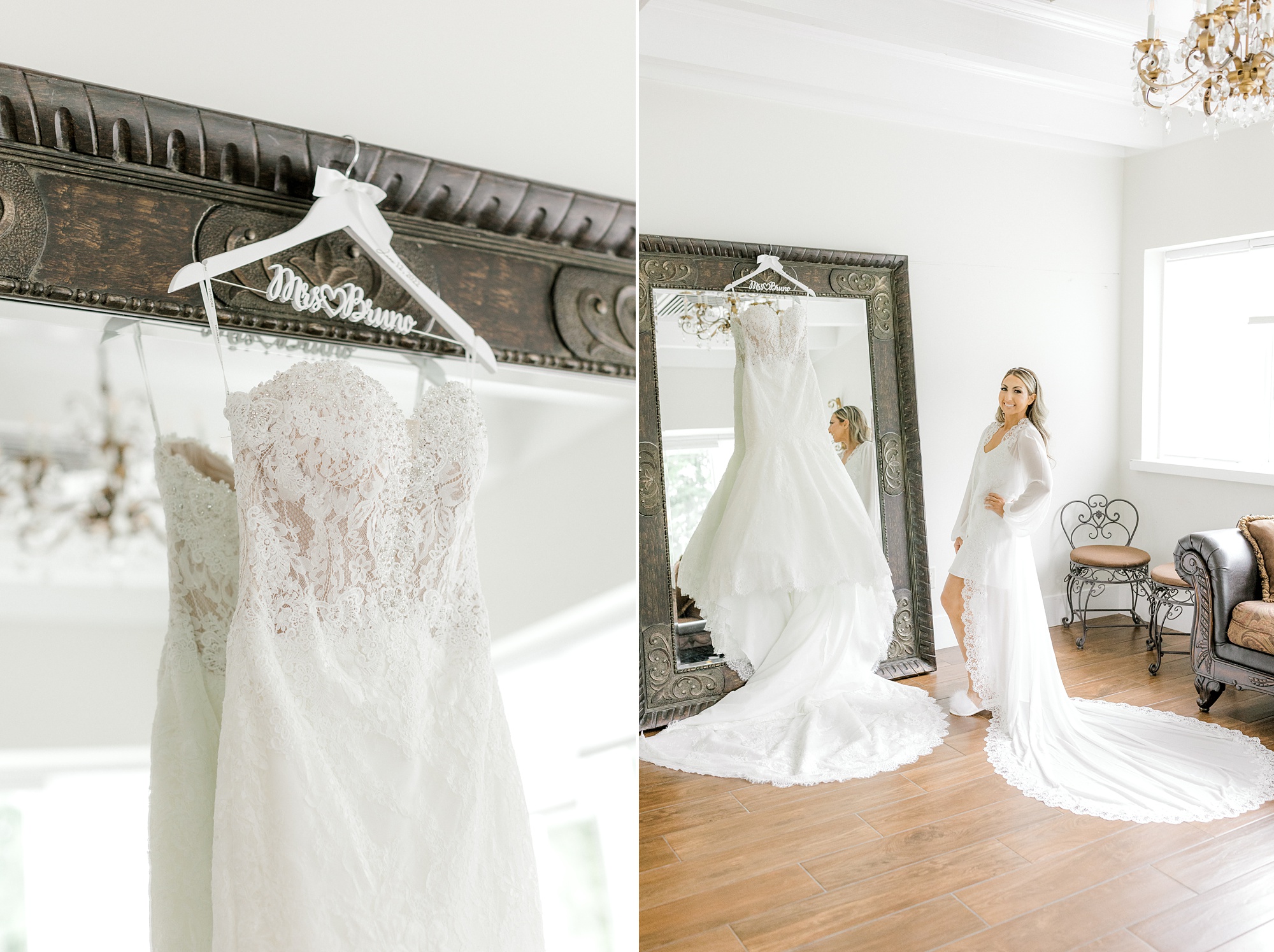 bride looks at wedding gown on frame of mirror