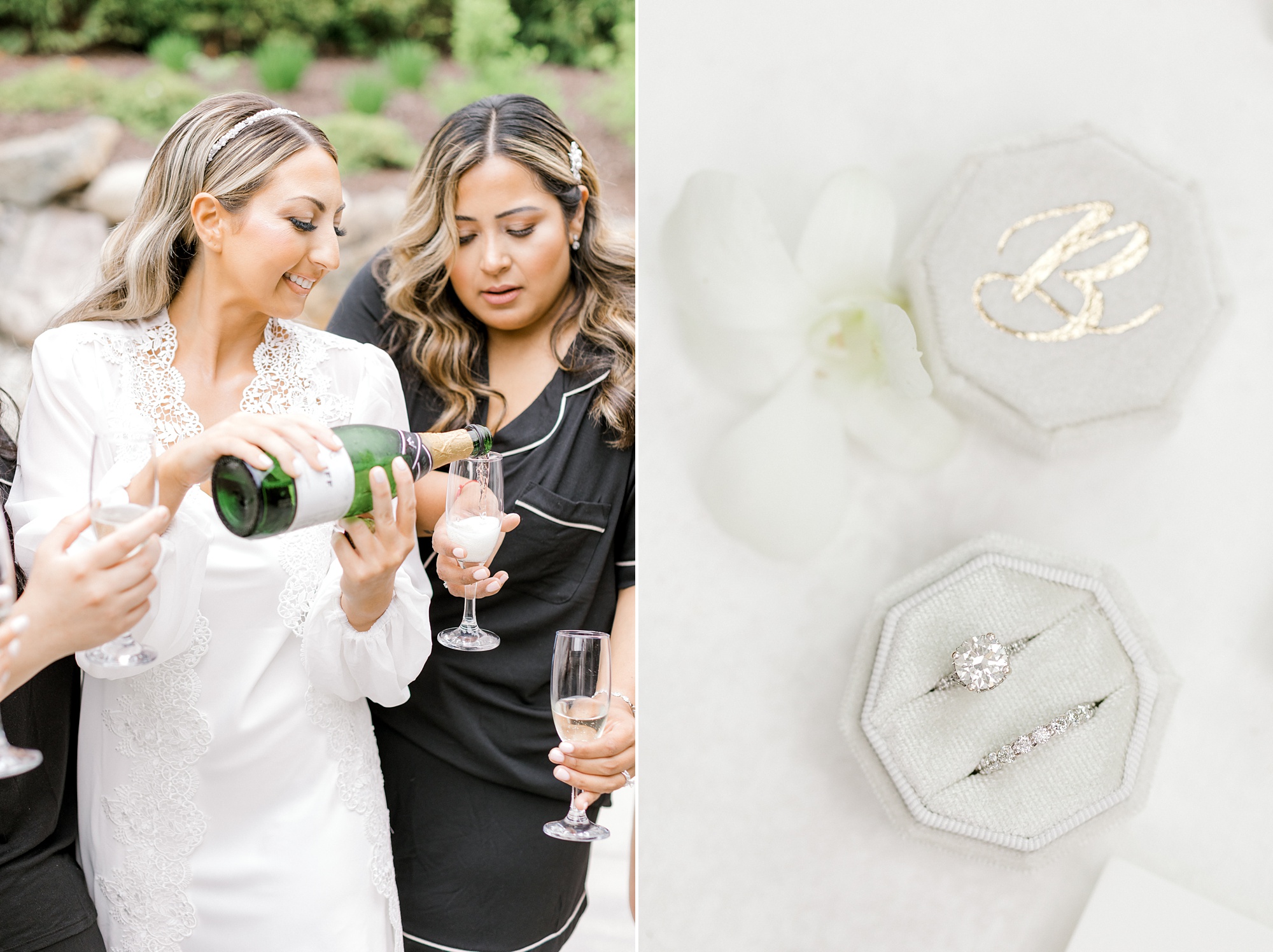 bride pours champagne for bridesmaid during wedding prep