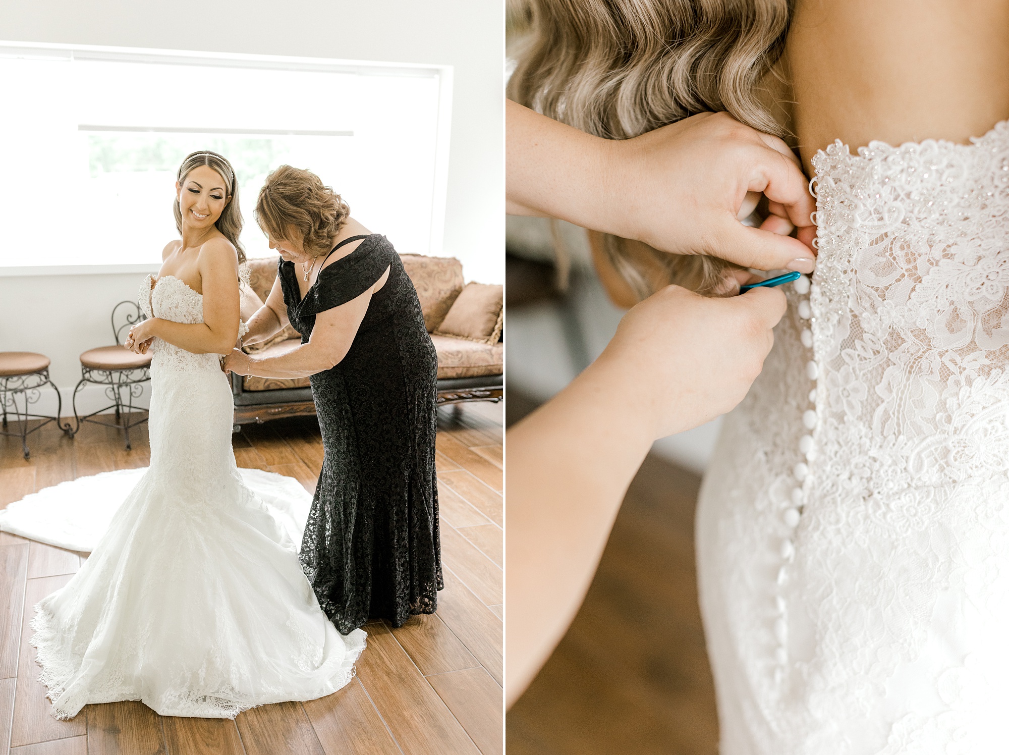 mother of bride helps bride into wedding gown at The Refinery at Perona Farms