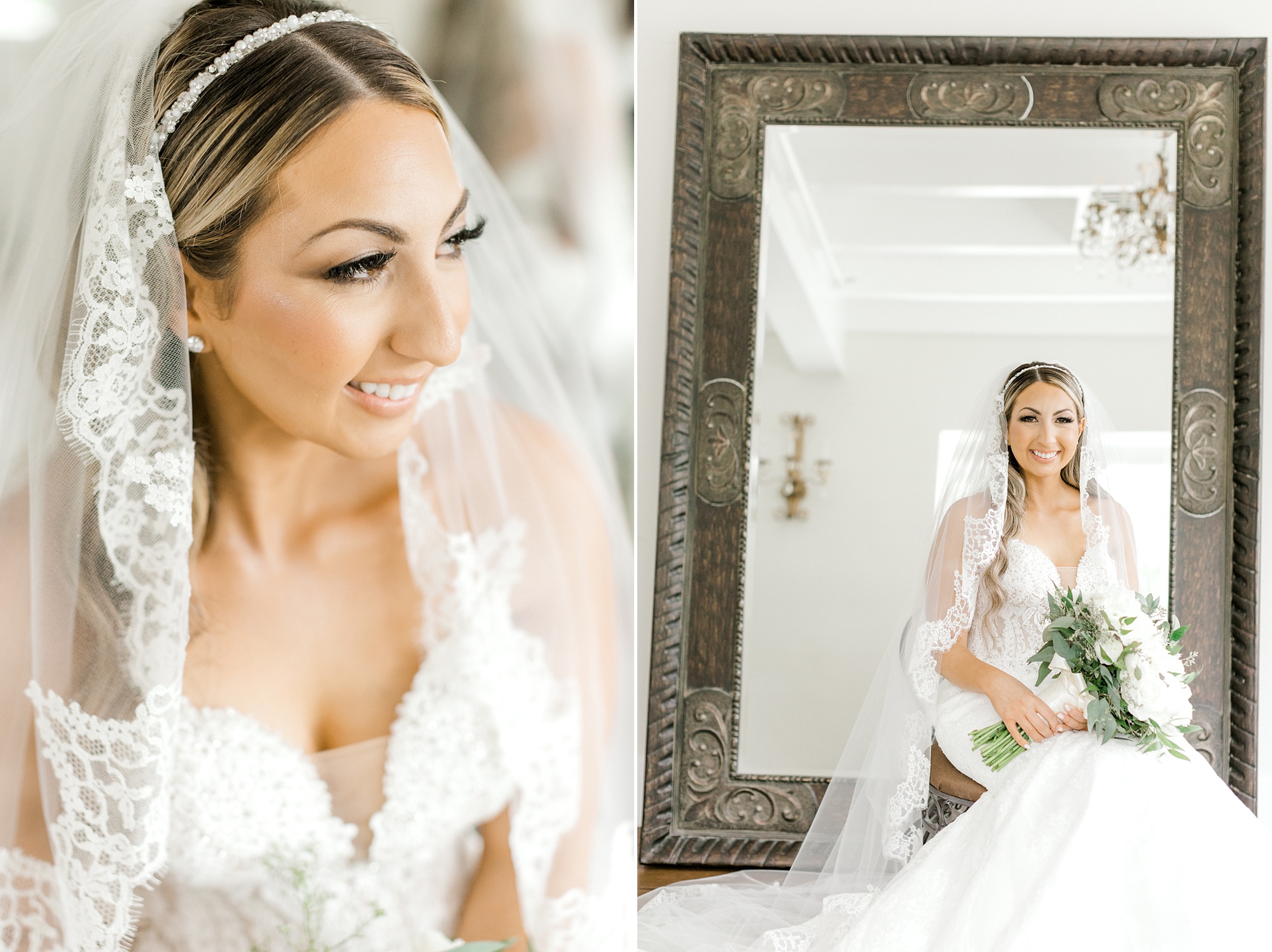 bride sits by mirror with grey frame holding bouquet of white flowers