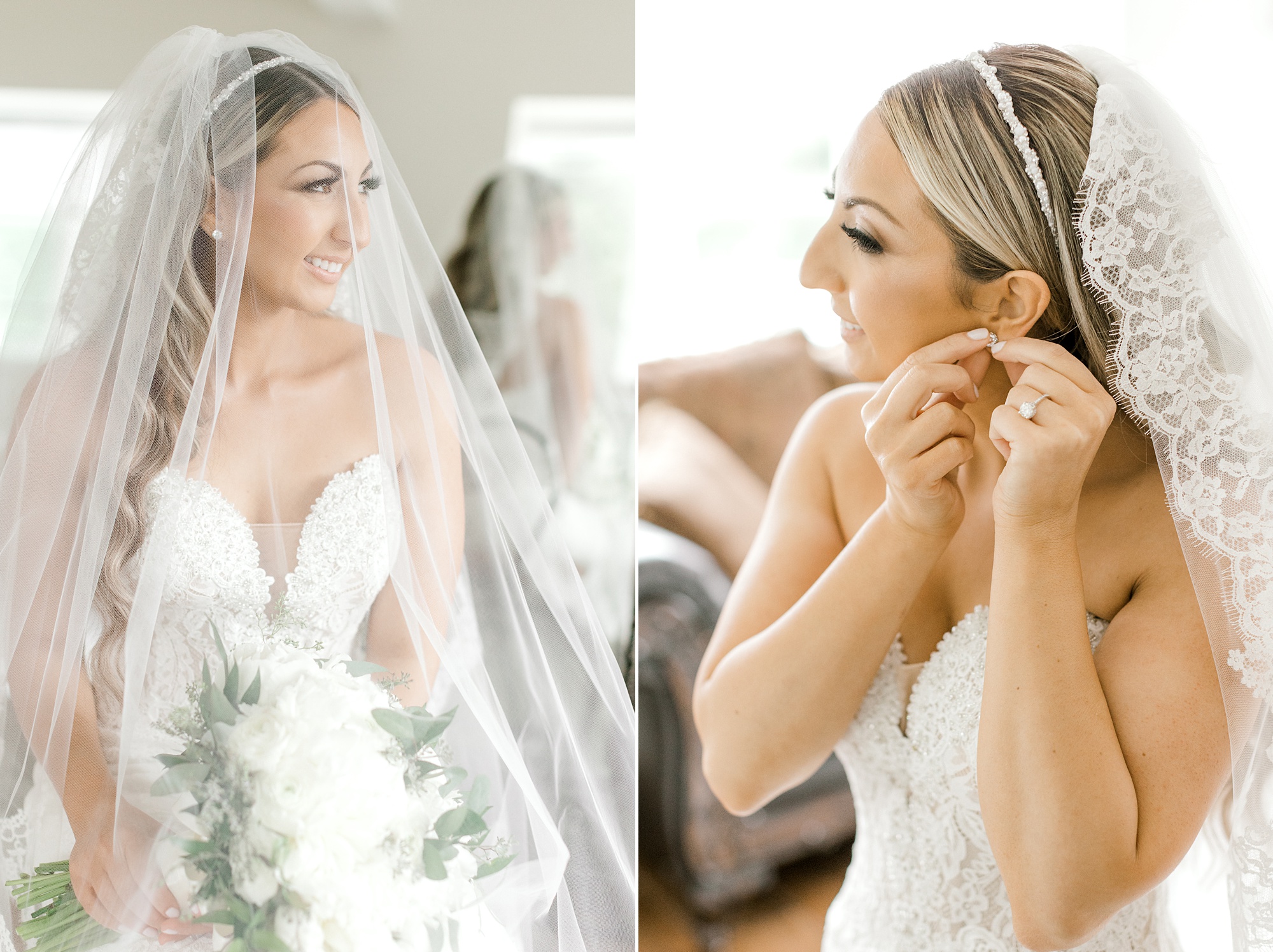 bride puts earrings on around veil with lace edging