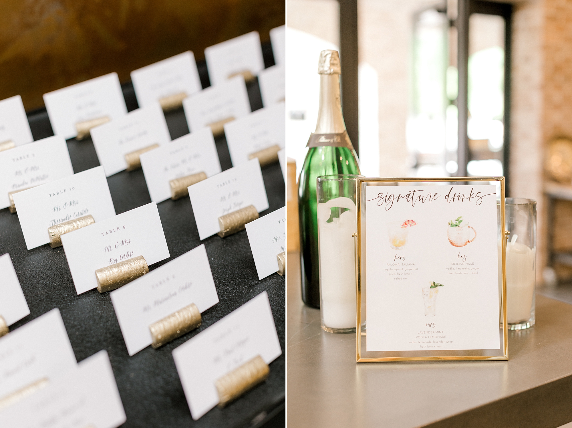 seating cards and signature cocktail sign for reception at The Refinery at Perona Farms