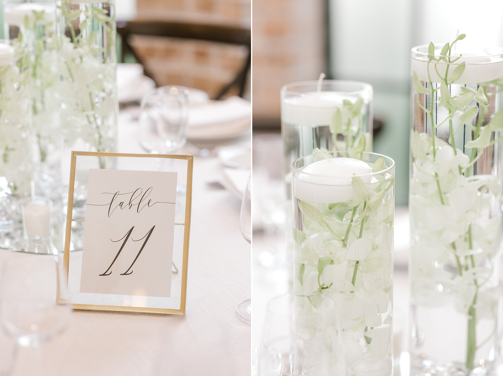 table numbers in gold frames with floating candles