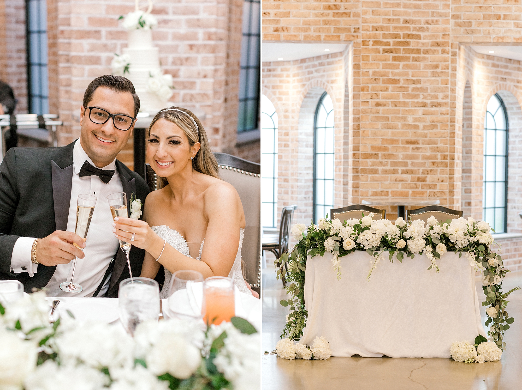 bride and groom sit at sweetheart table with flower garland