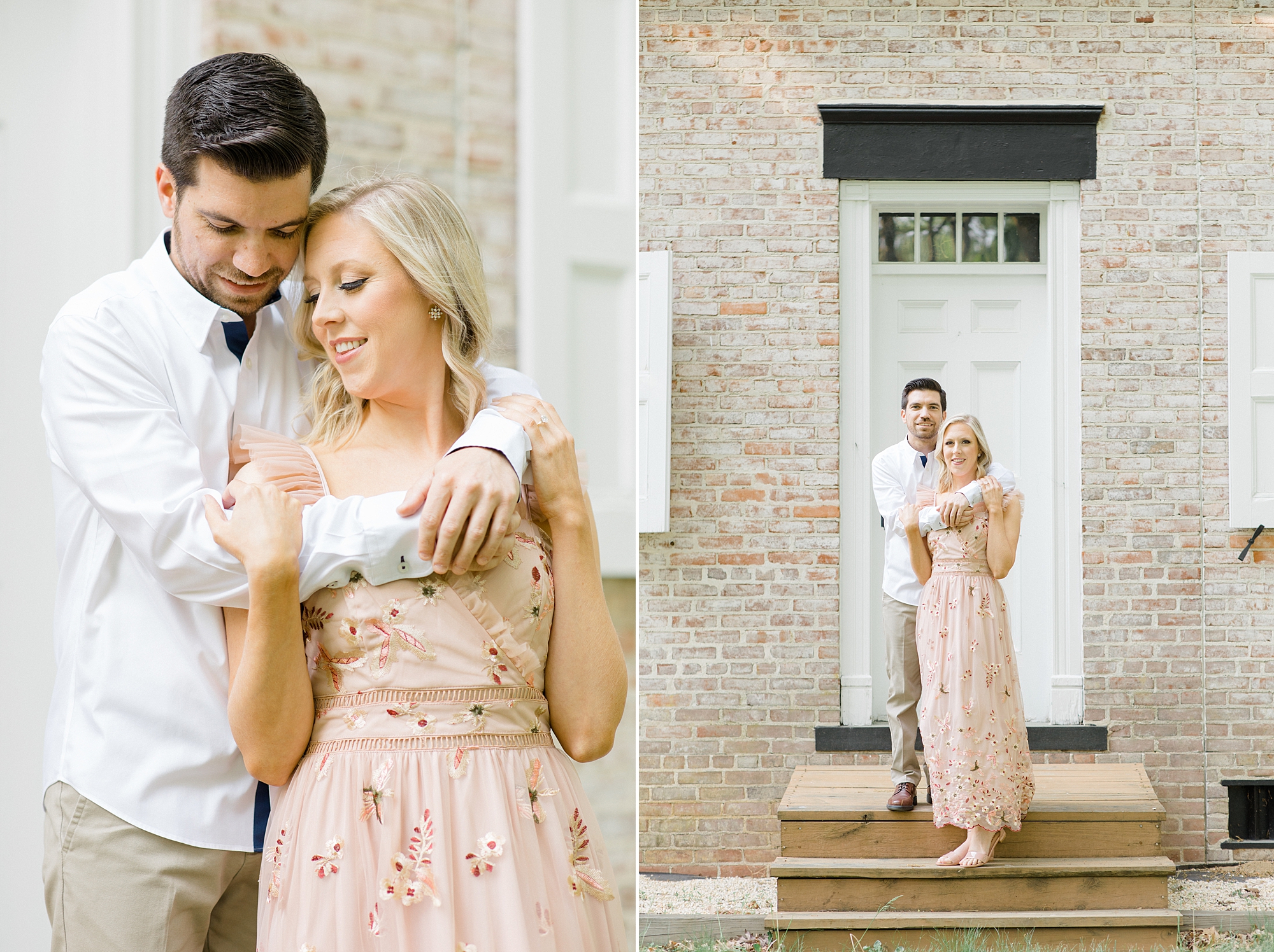 woman in peach dress hugs man's arms around her shoulders