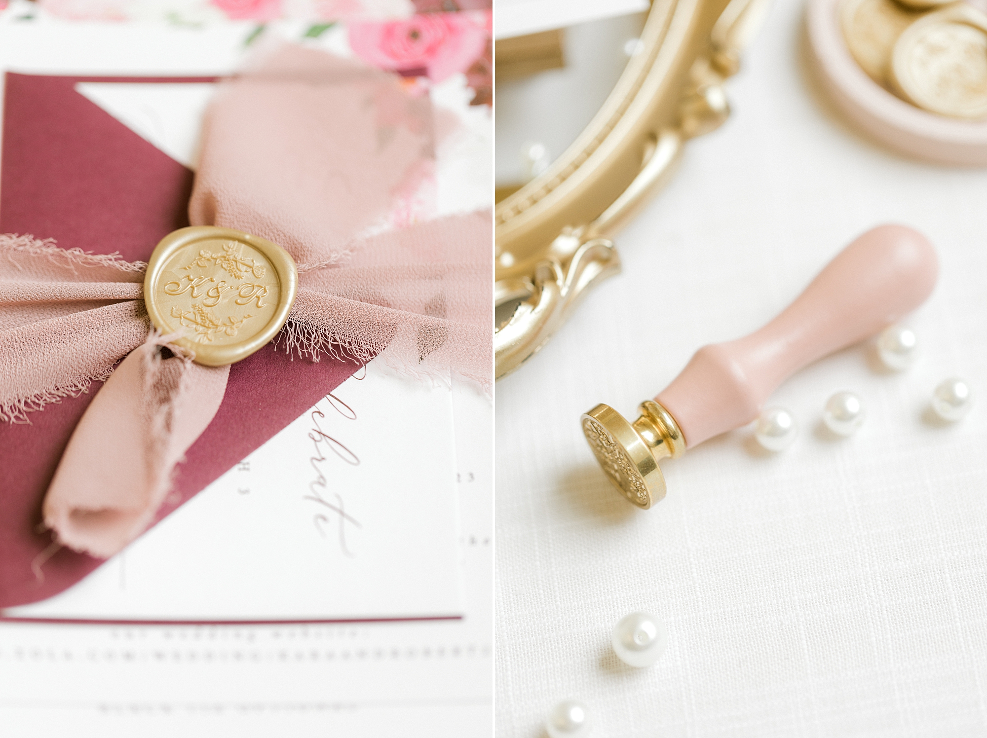 pink and gold invitation with gold wax seal for spring wedding at the Ashford Estate