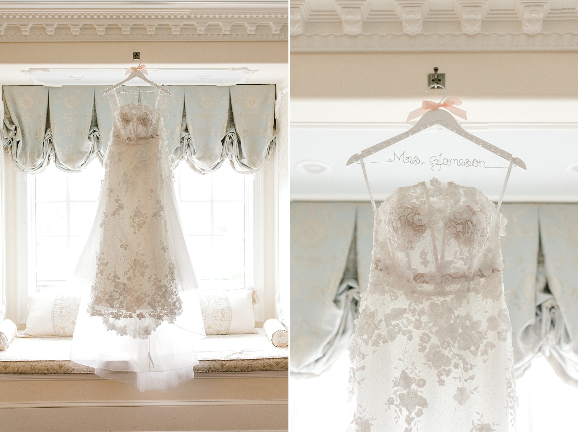 wedding dress hangs in window at the Ashford Estate