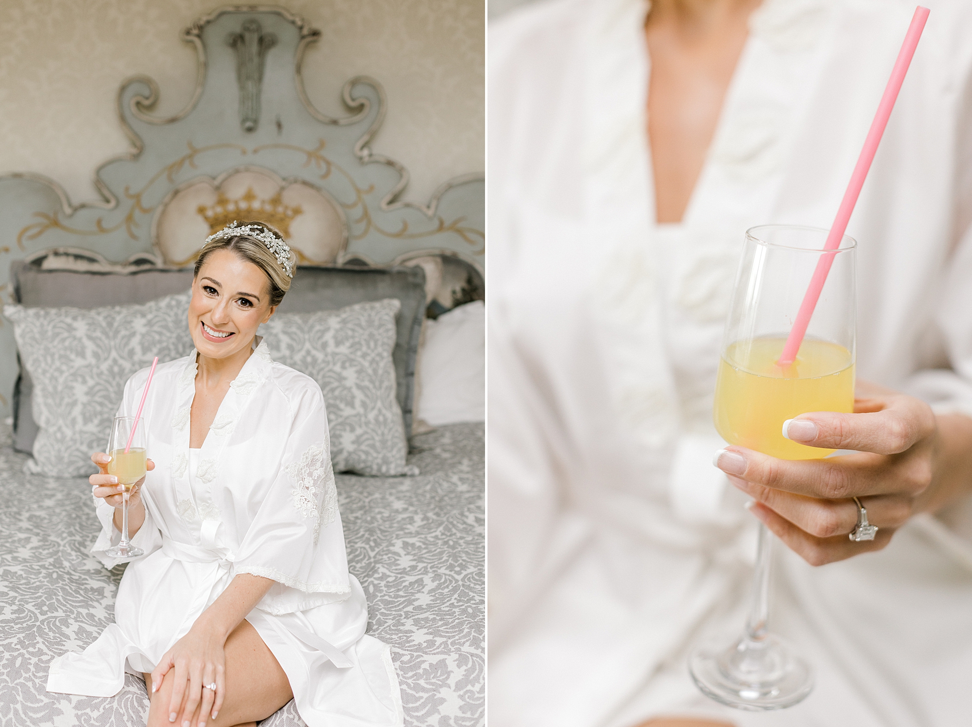 bride sits holding mimosa on bed before wedding at the Ashford Estate