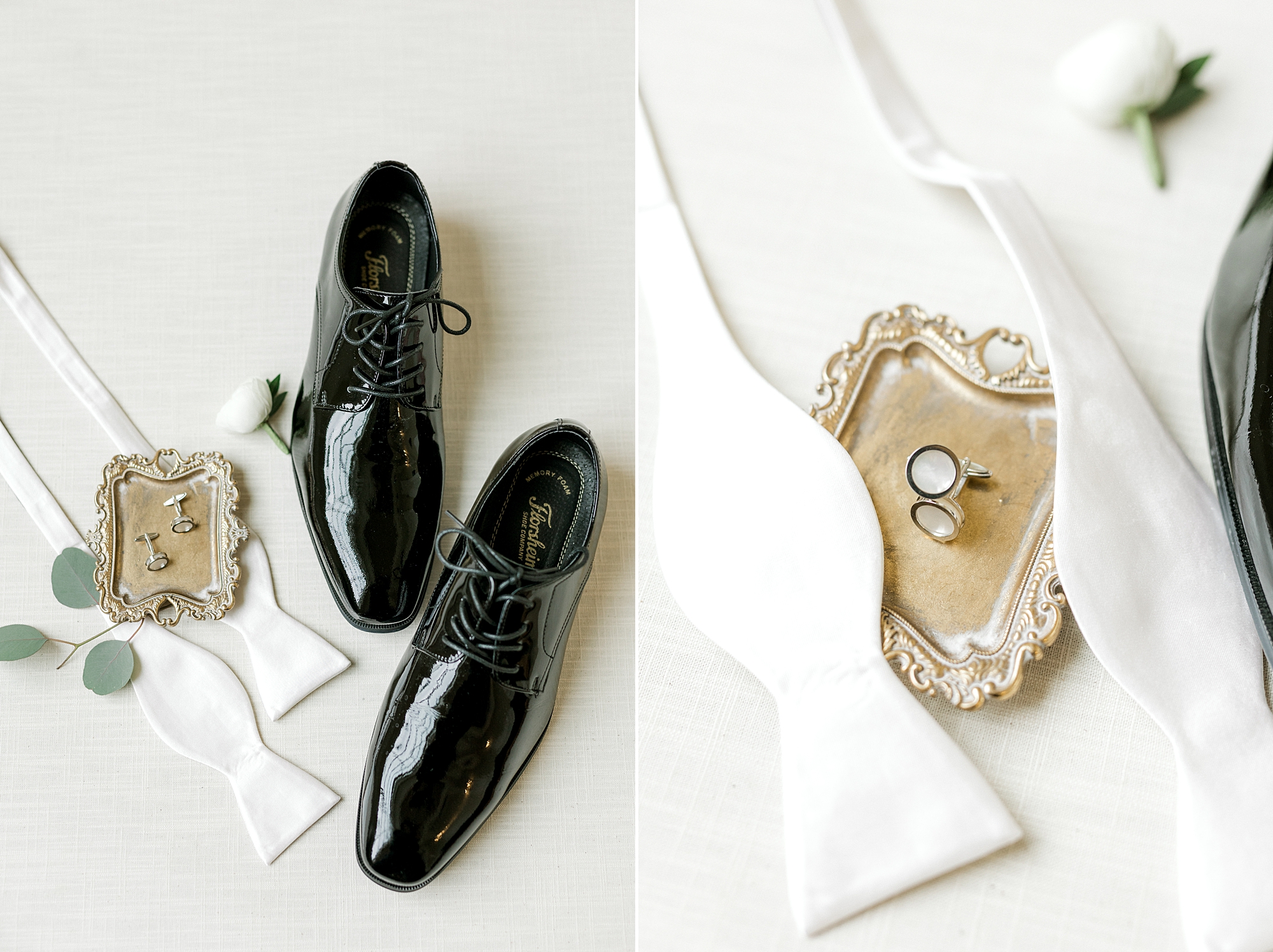groom's black shoes and cufflinks on gold tray